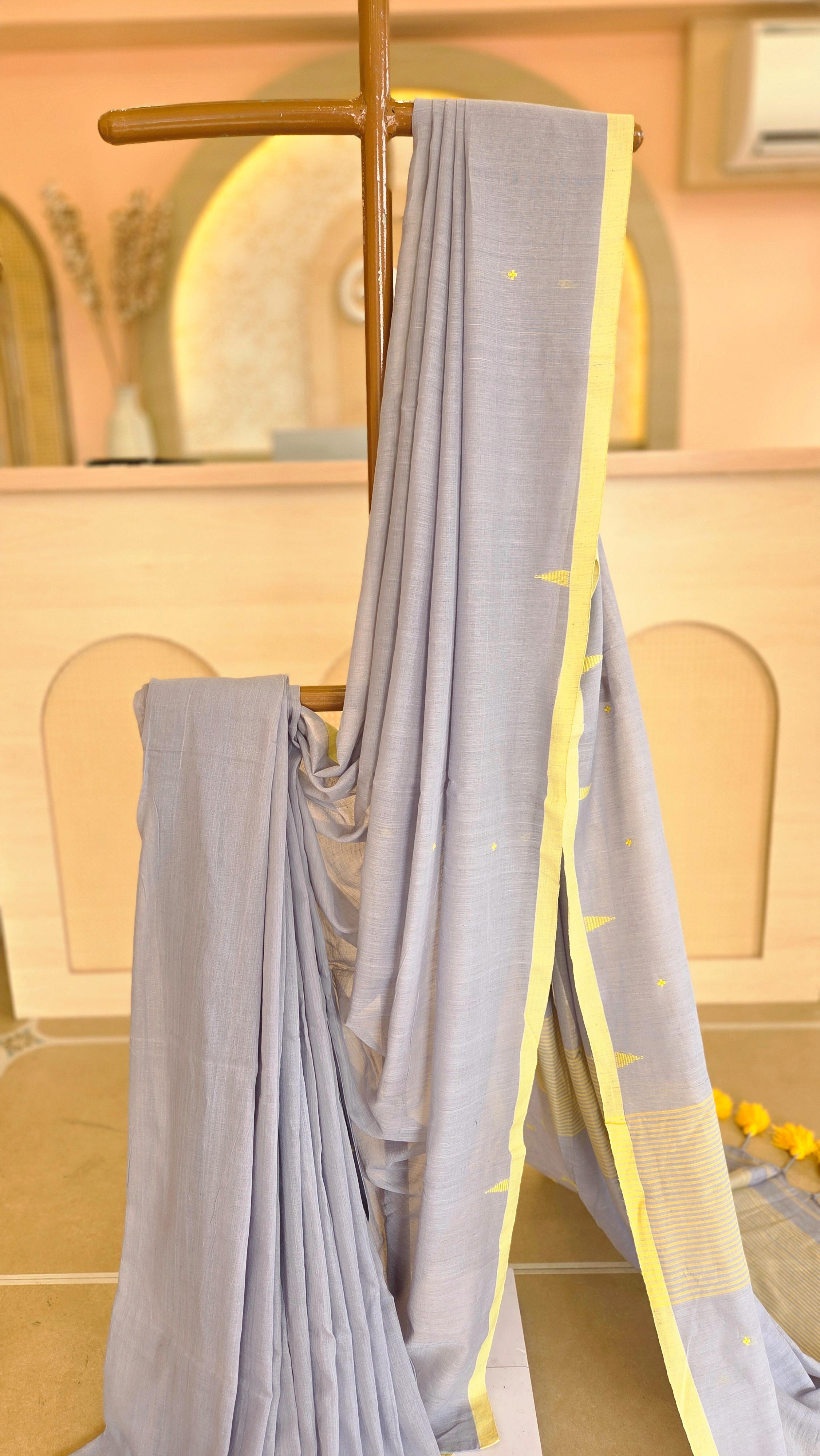 Grey & Yellow Mul Cotton Saree