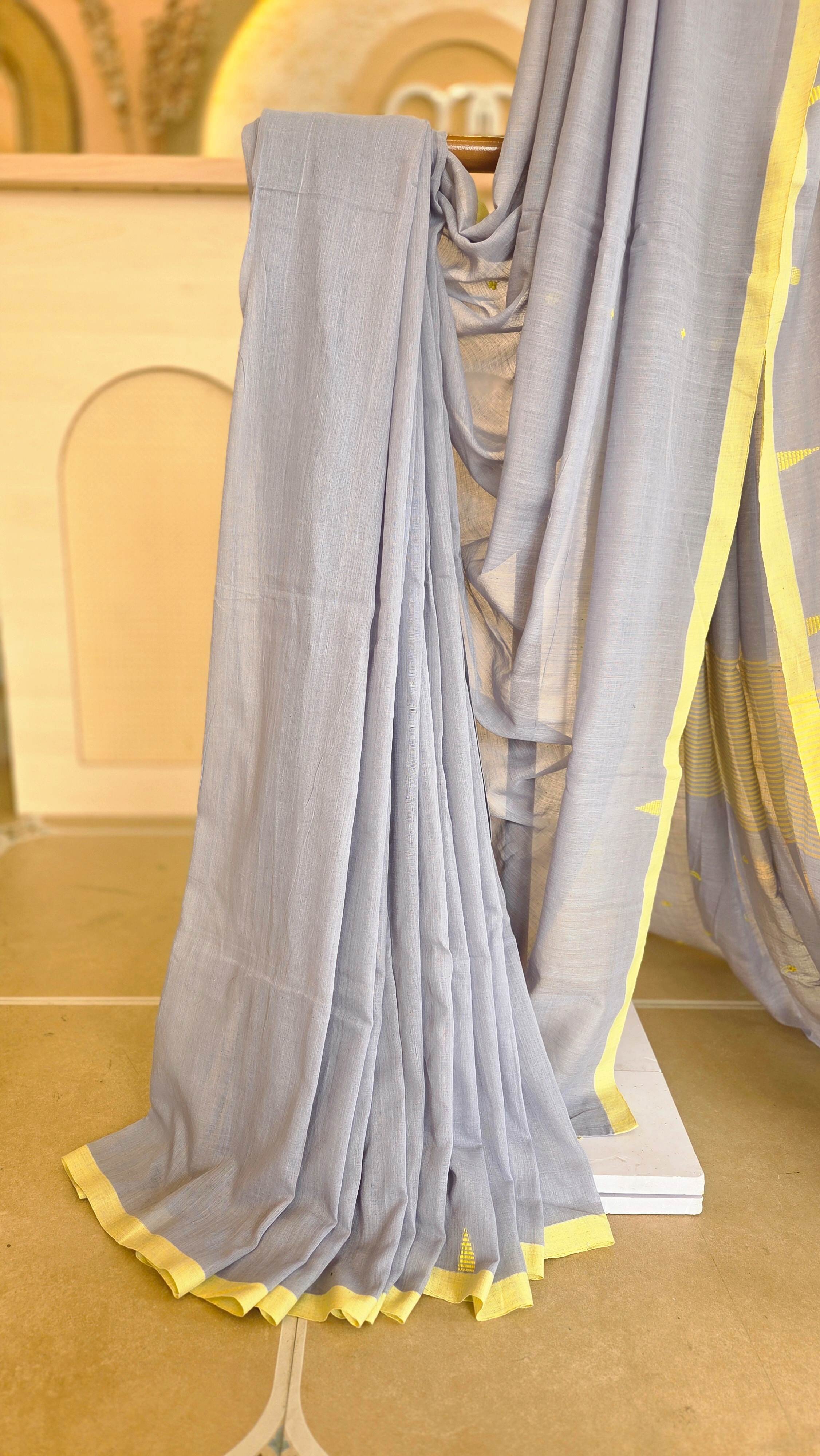 Grey & Yellow Mul Cotton Saree