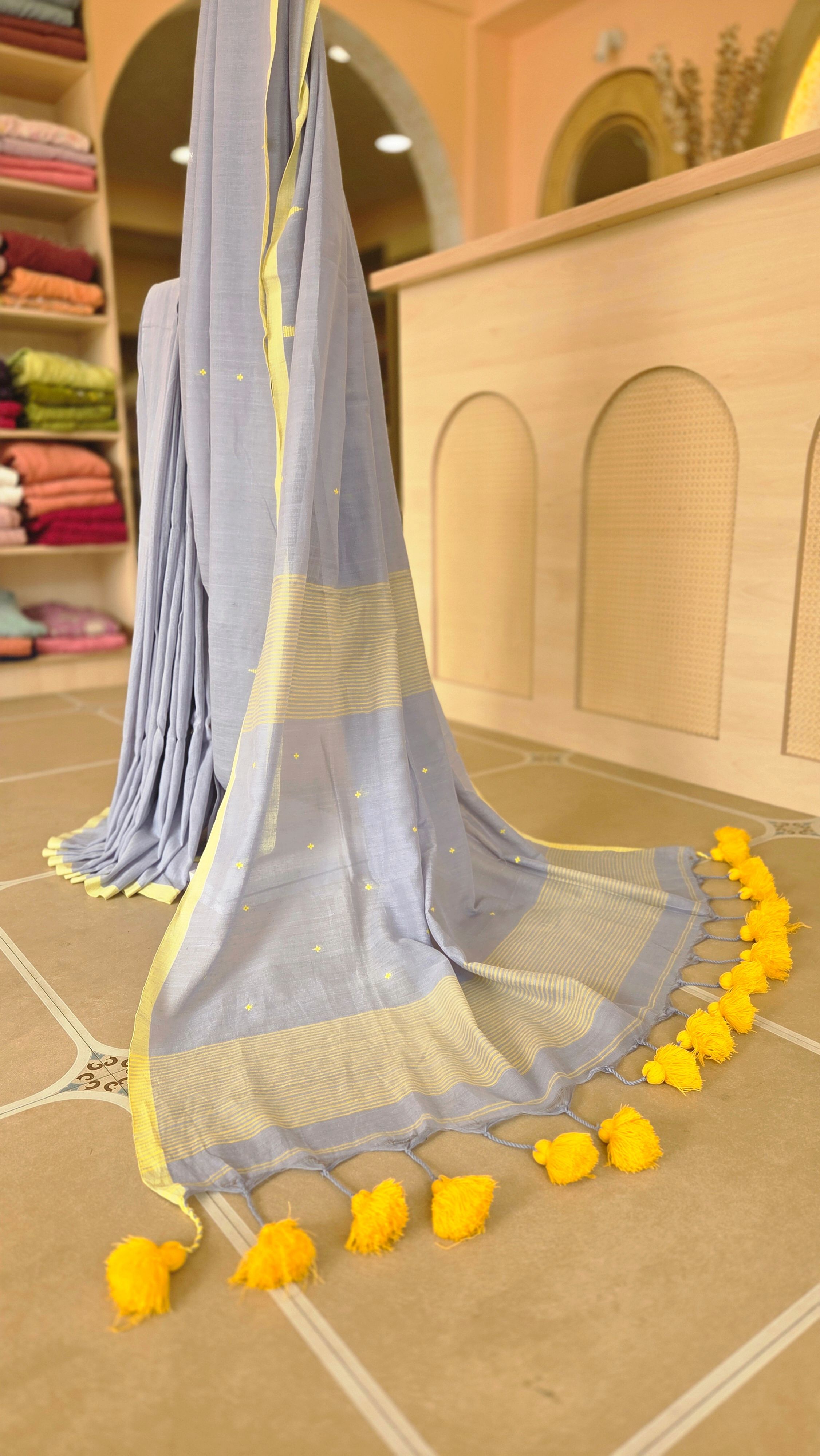 Grey & Yellow Mul Cotton Saree