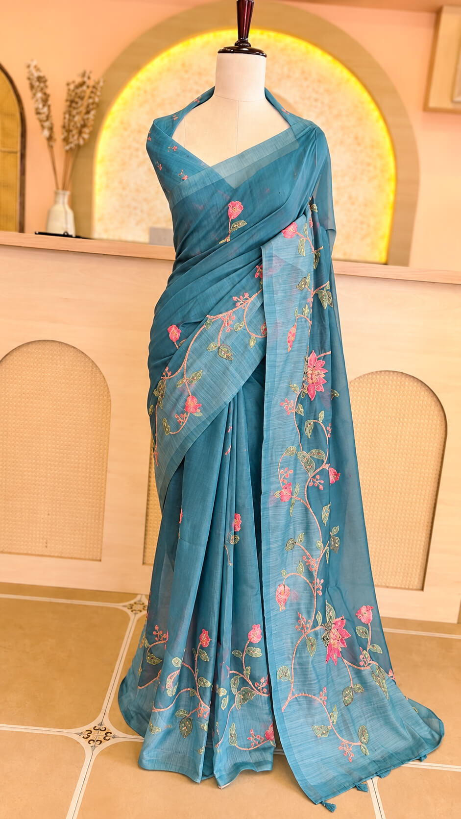 Teal Blue Chanderi Silk Saree with Floral Embroidery