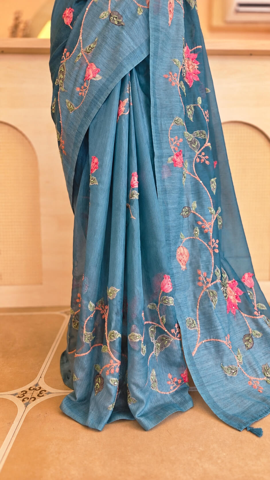 Teal Blue Chanderi Silk Saree with Floral Embroidery
