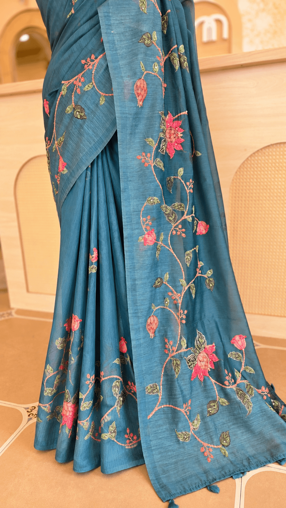 Teal Blue Chanderi Silk Saree with Floral Embroidery