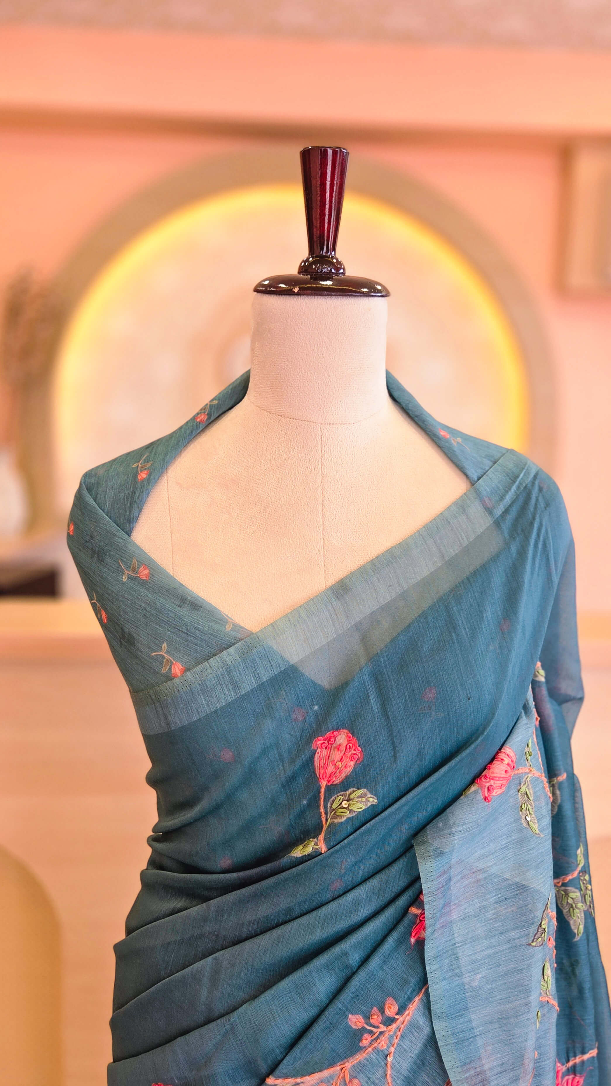 Teal Blue Chanderi Silk Saree with Floral Embroidery