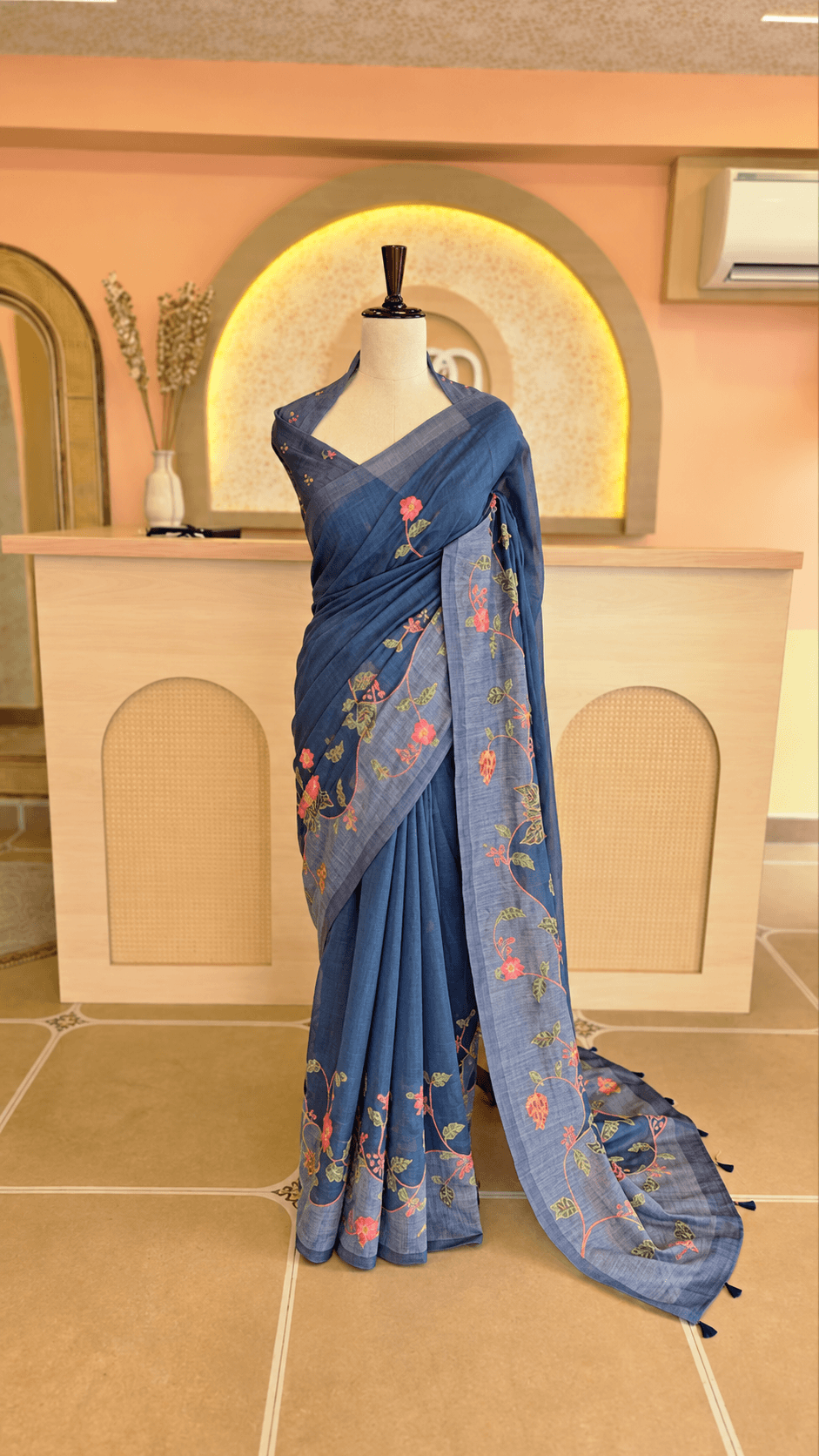 Royal Blue Chanderi Floral Embroidery Saree