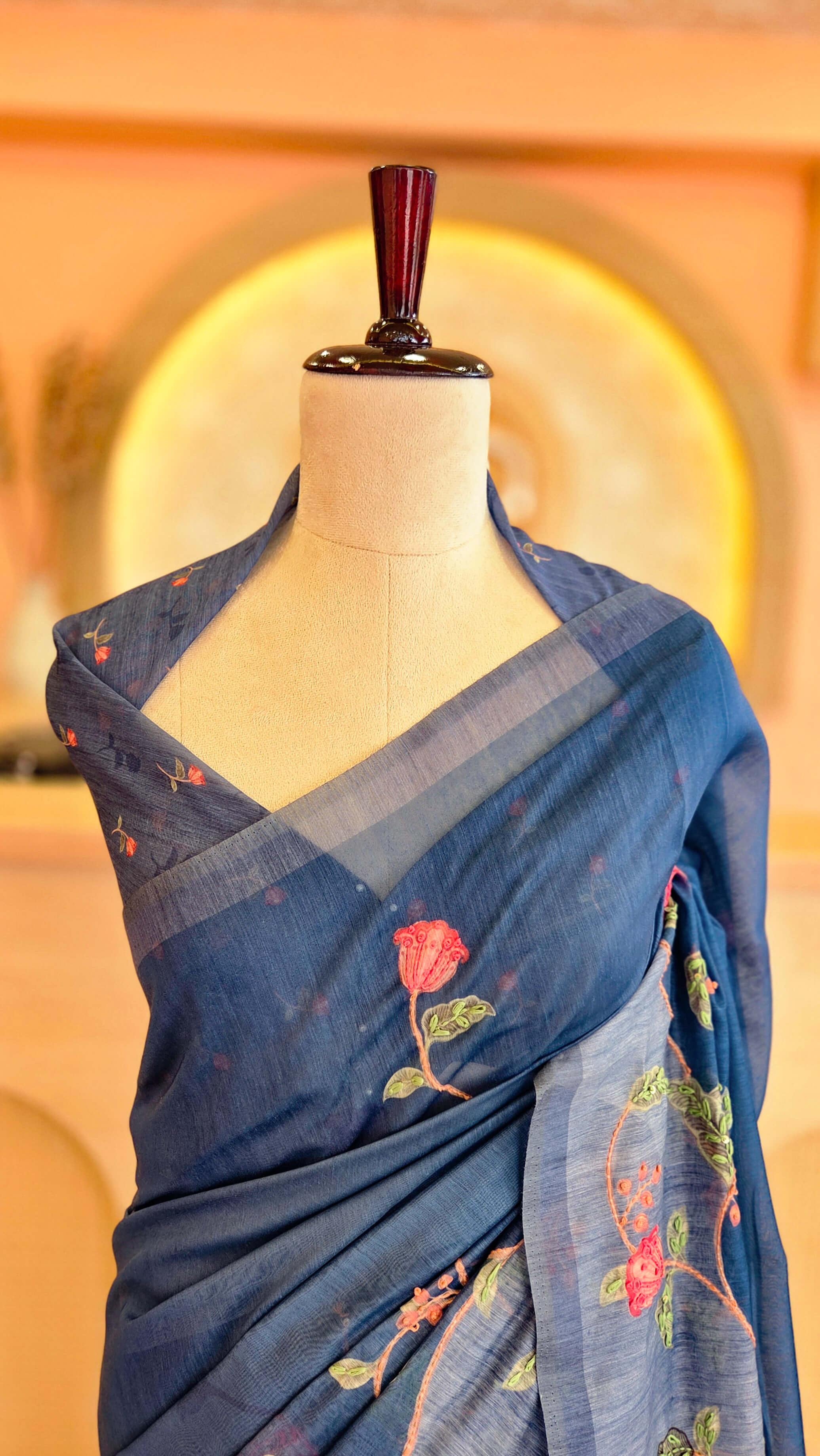Royal Blue Chanderi Floral Embroidery Saree