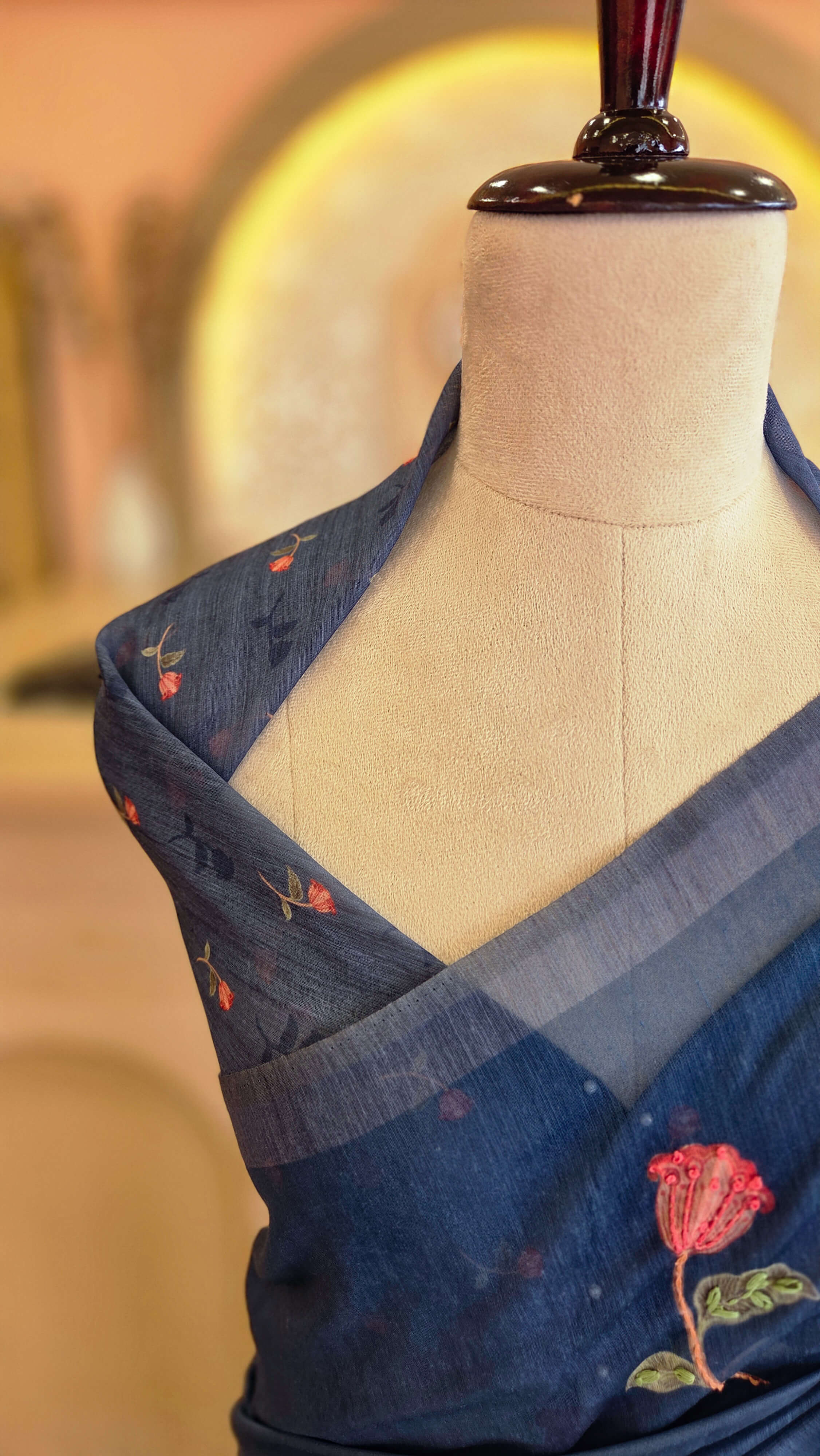 Royal Blue Chanderi Floral Embroidery Saree