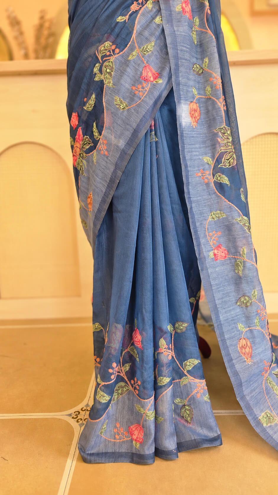 Royal Blue Chanderi Floral Embroidery Saree