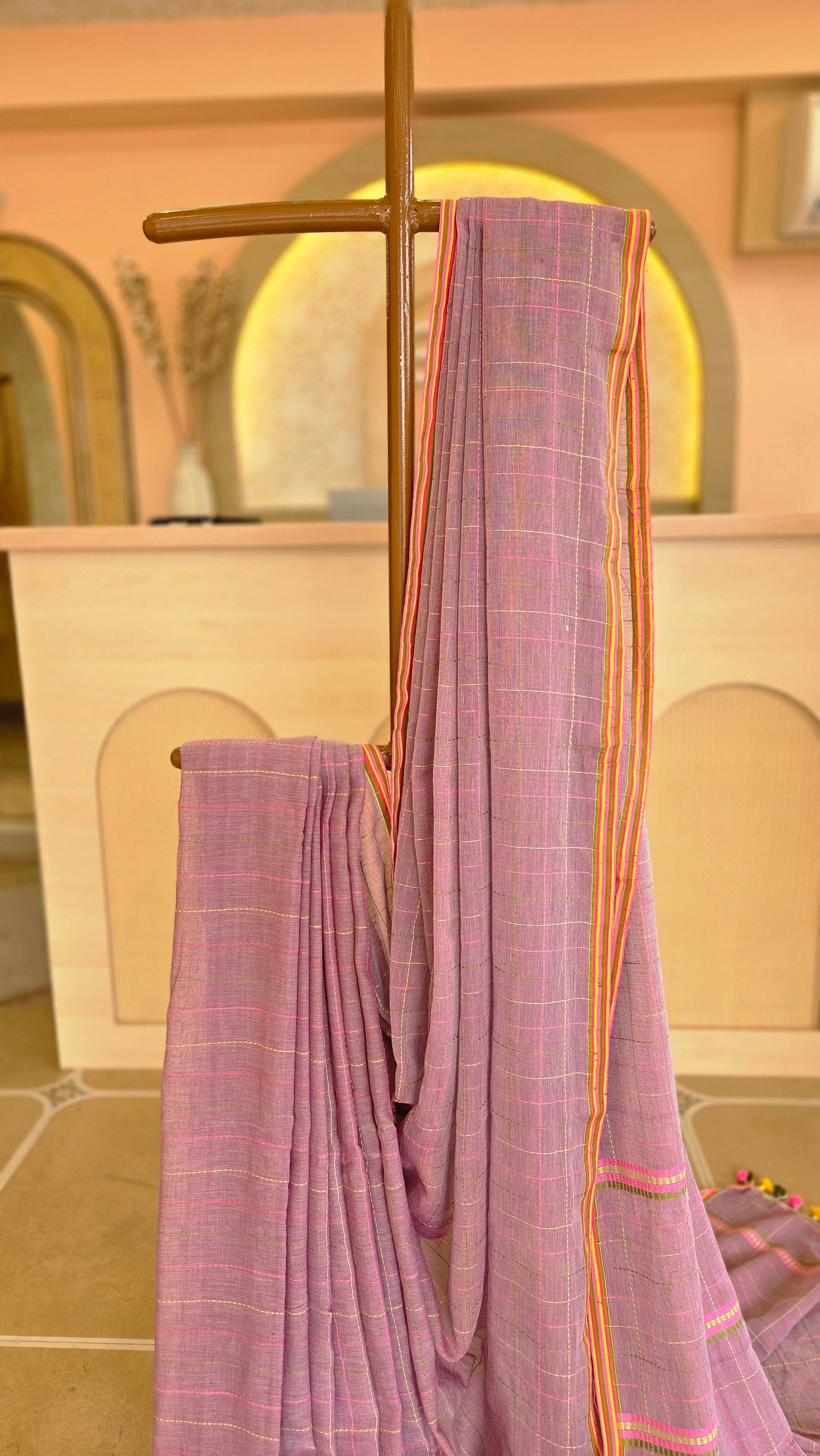 Elegance in Lavender - Handwoven Mul Cotton Saree