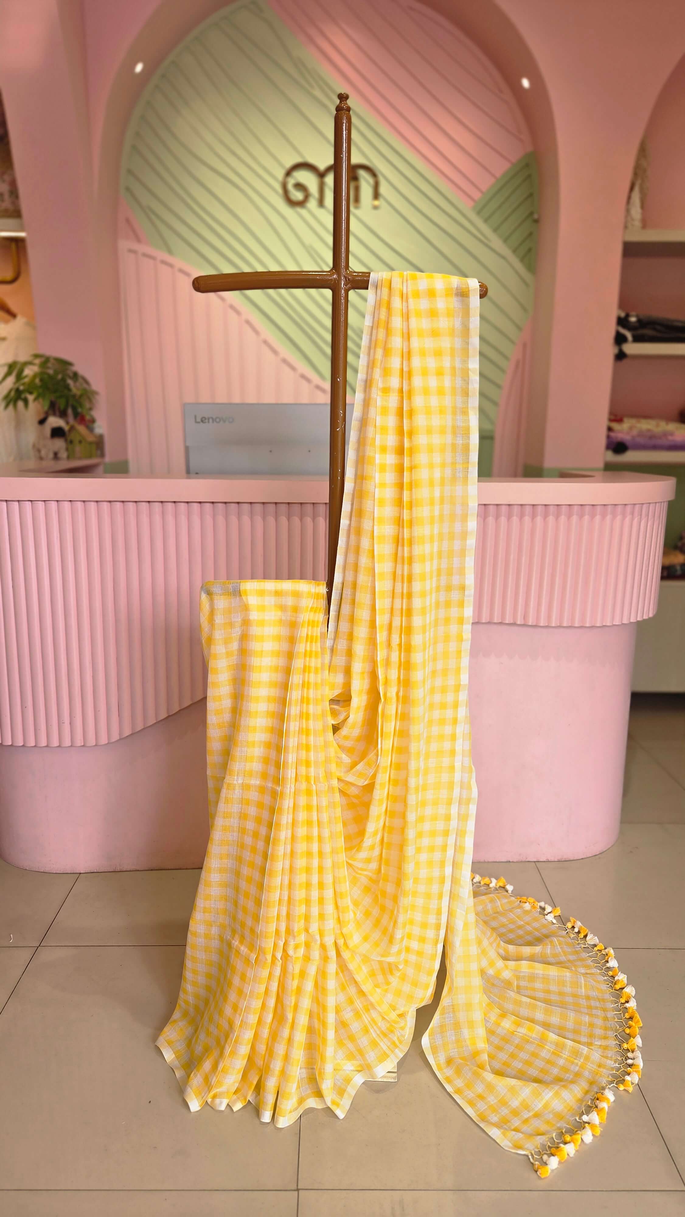 Bright Yellow Gingham Checked Mul Cotton Saree