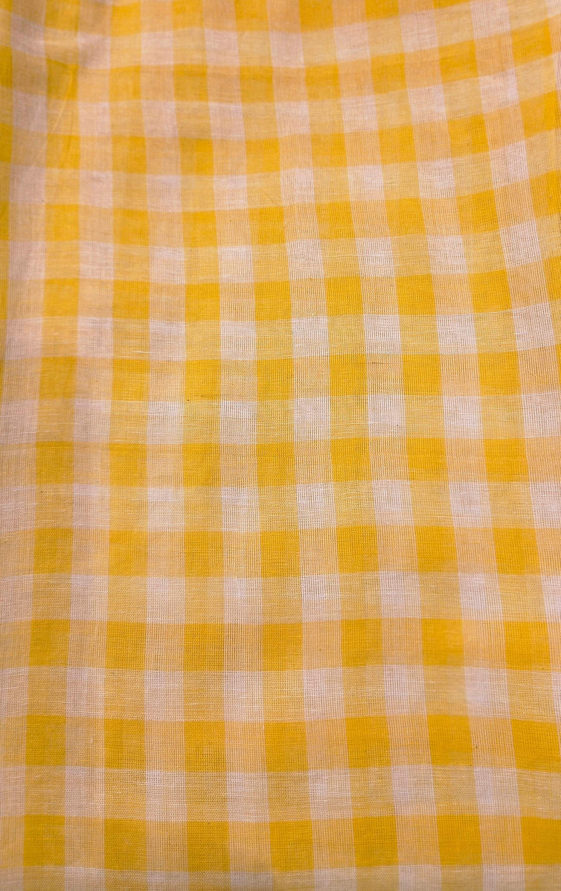 Bright Yellow Gingham Checked Mul Cotton Saree