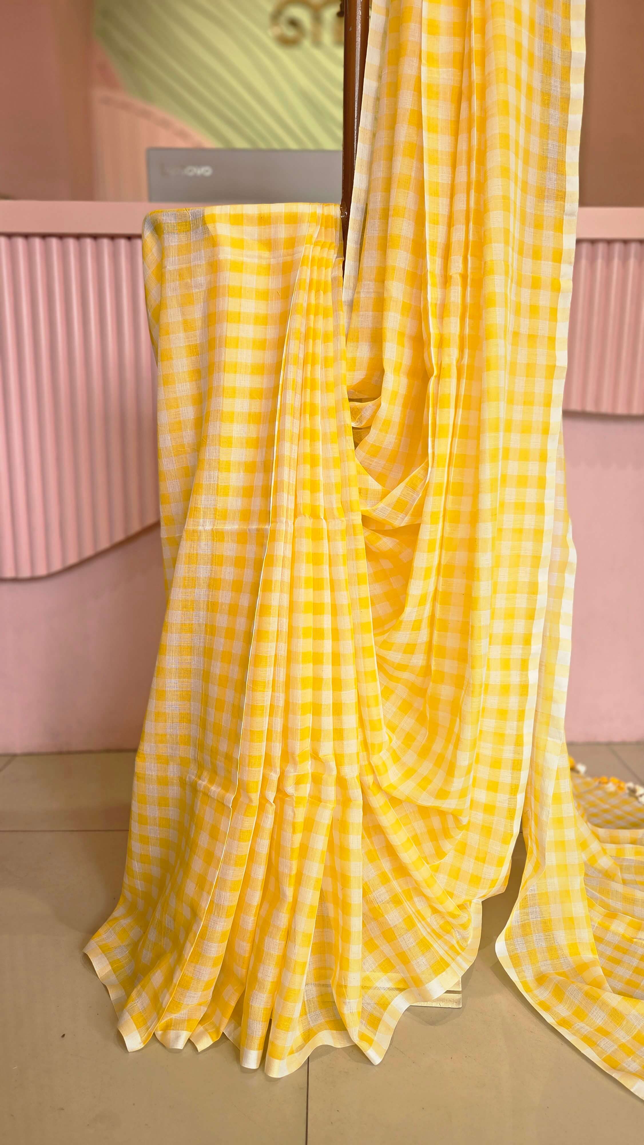 Bright Yellow Gingham Checked Mul Cotton Saree
