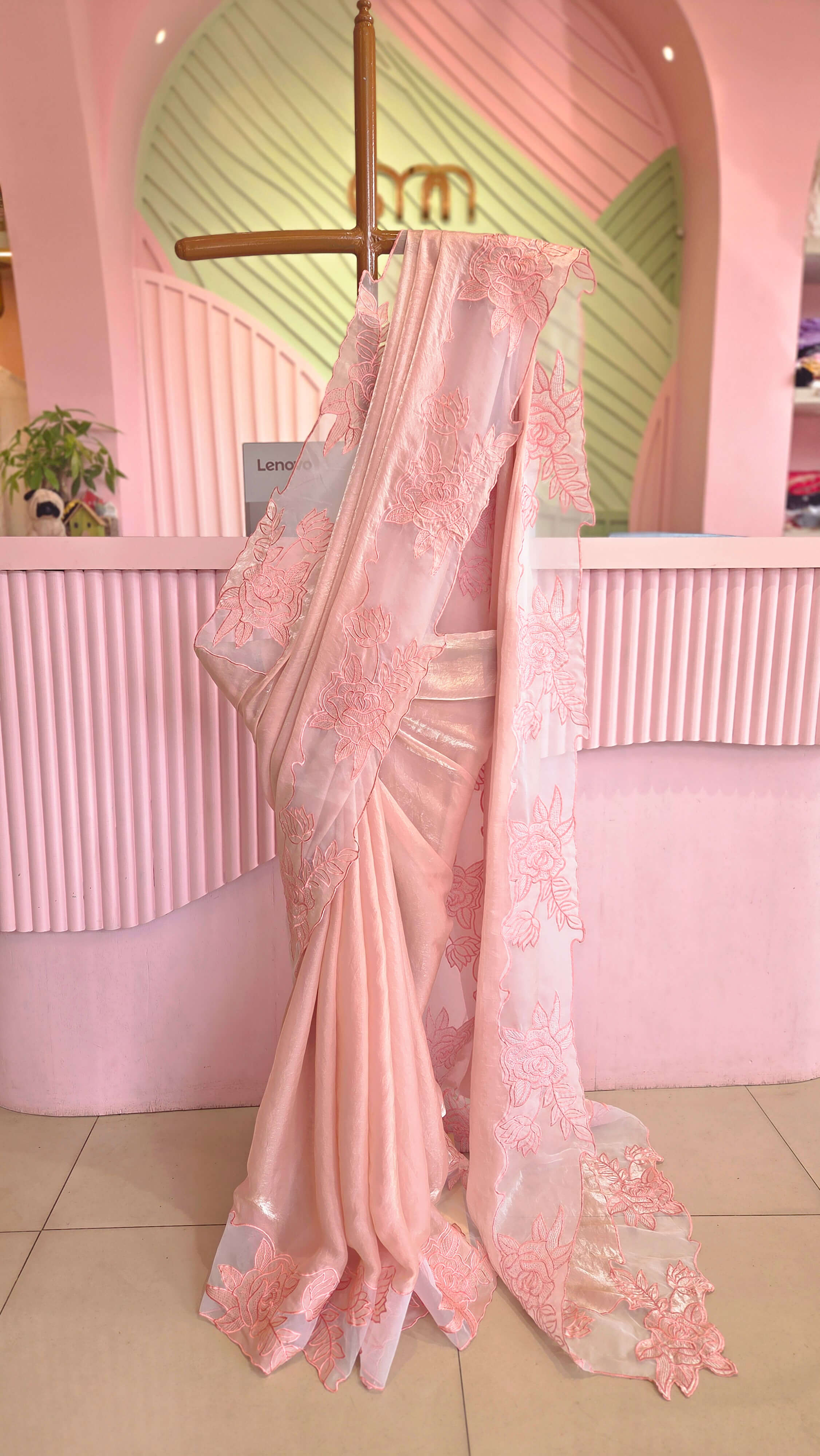 Soft Peach Floral Embroidery Satin Organza Saree