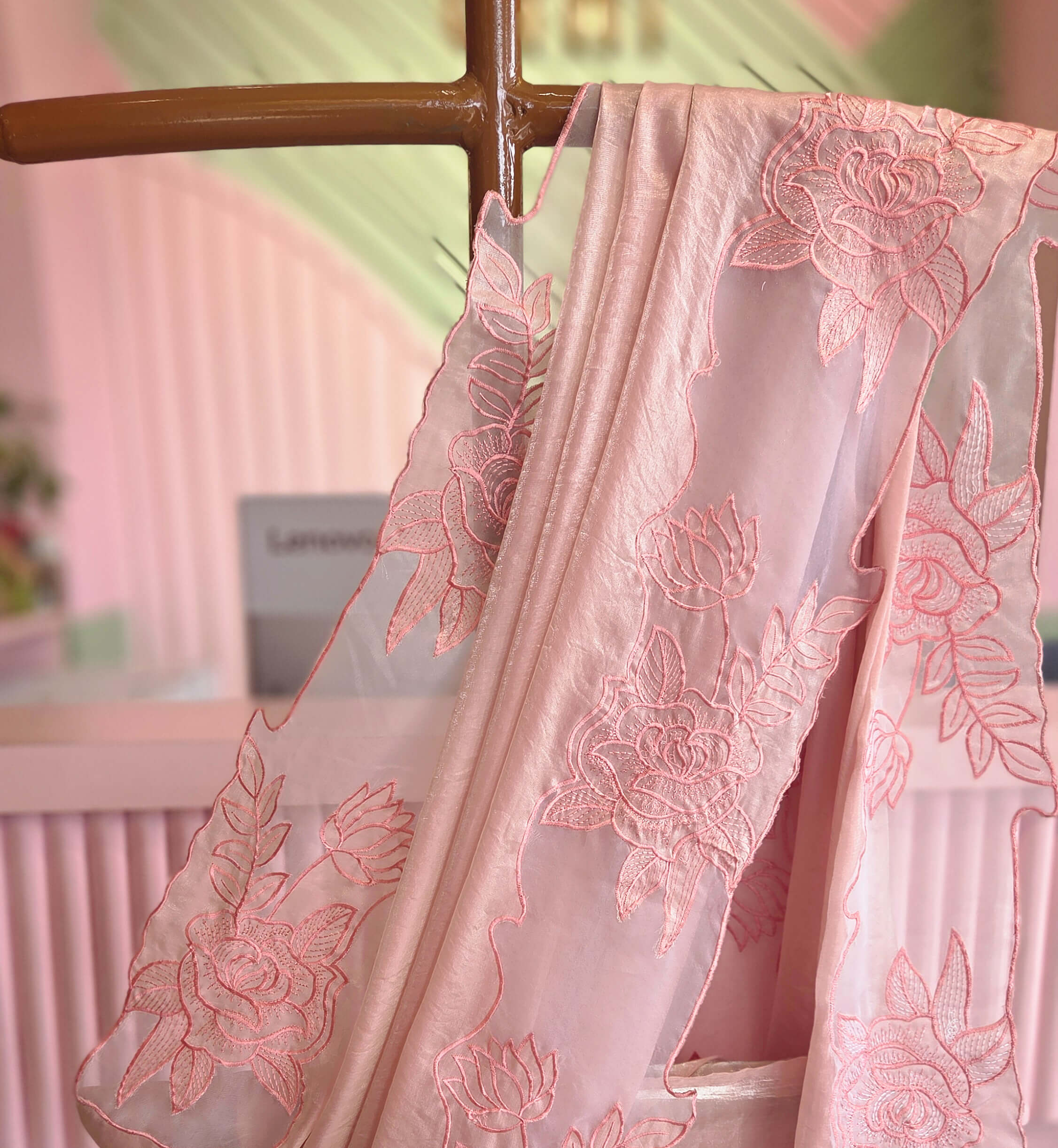 Soft Peach Floral Embroidery Satin Organza Saree