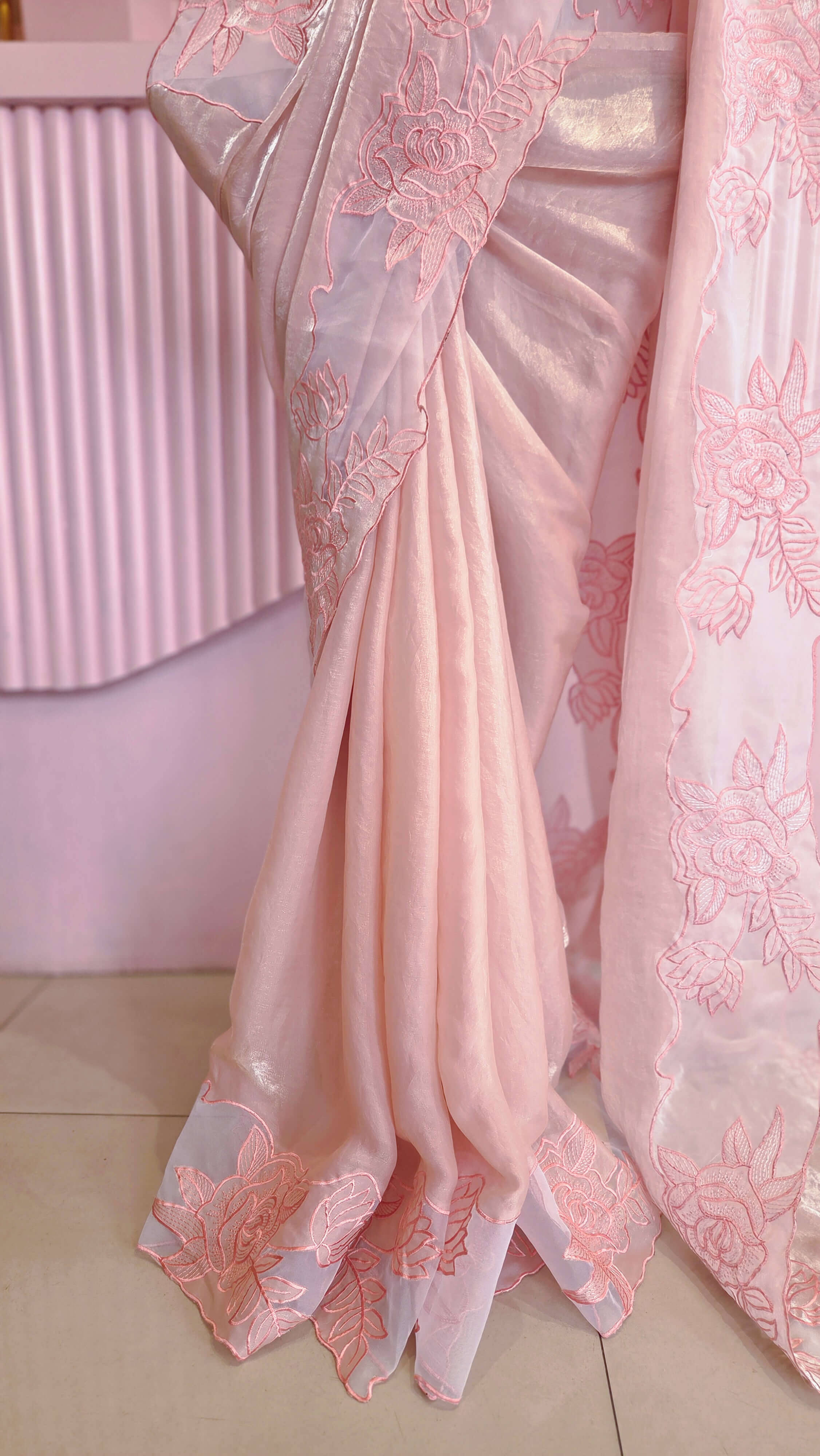 Soft Peach Floral Embroidery Satin Organza Saree
