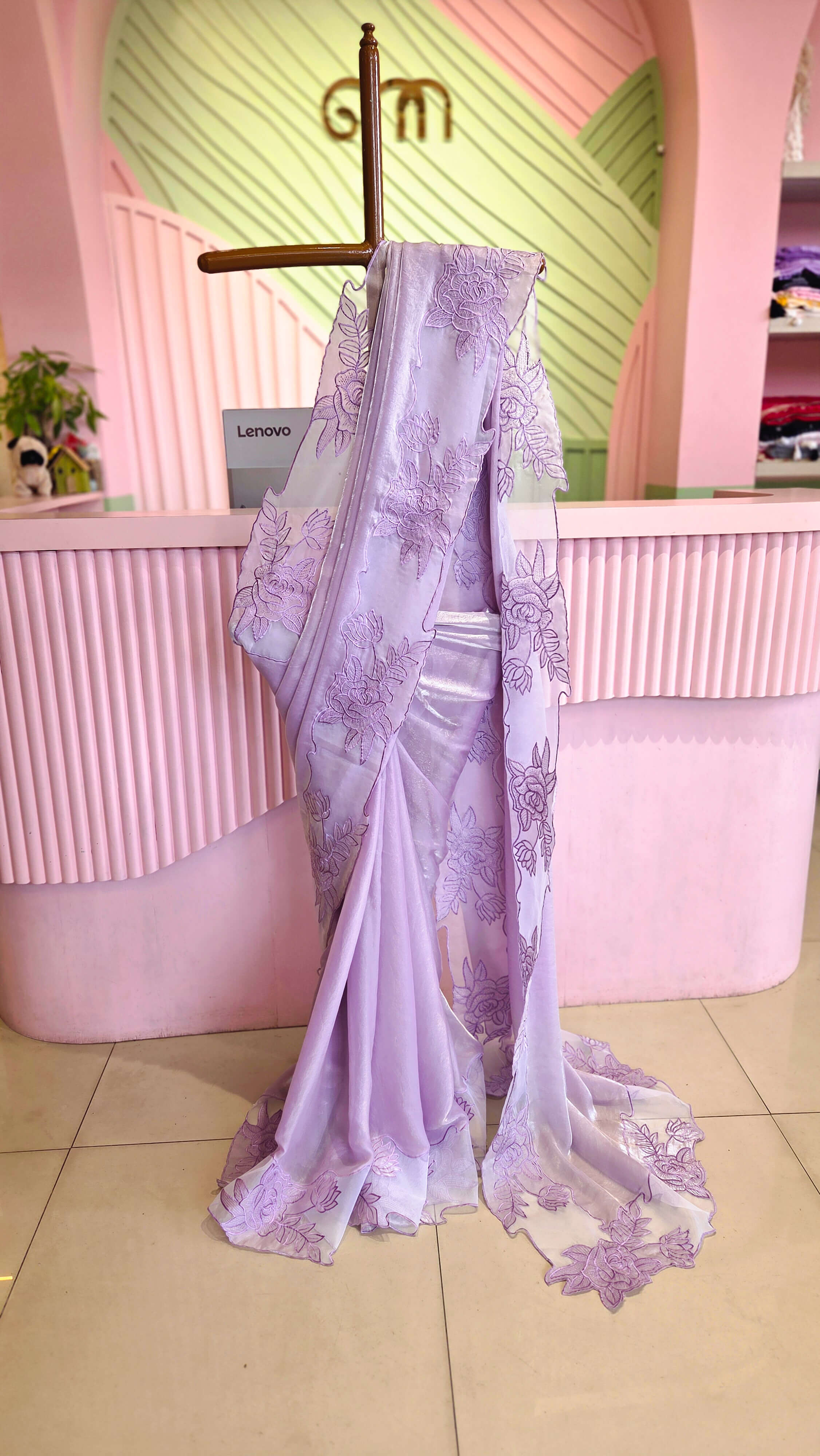 Lavender Bloom Floral Embroidery Satin Organza Saree