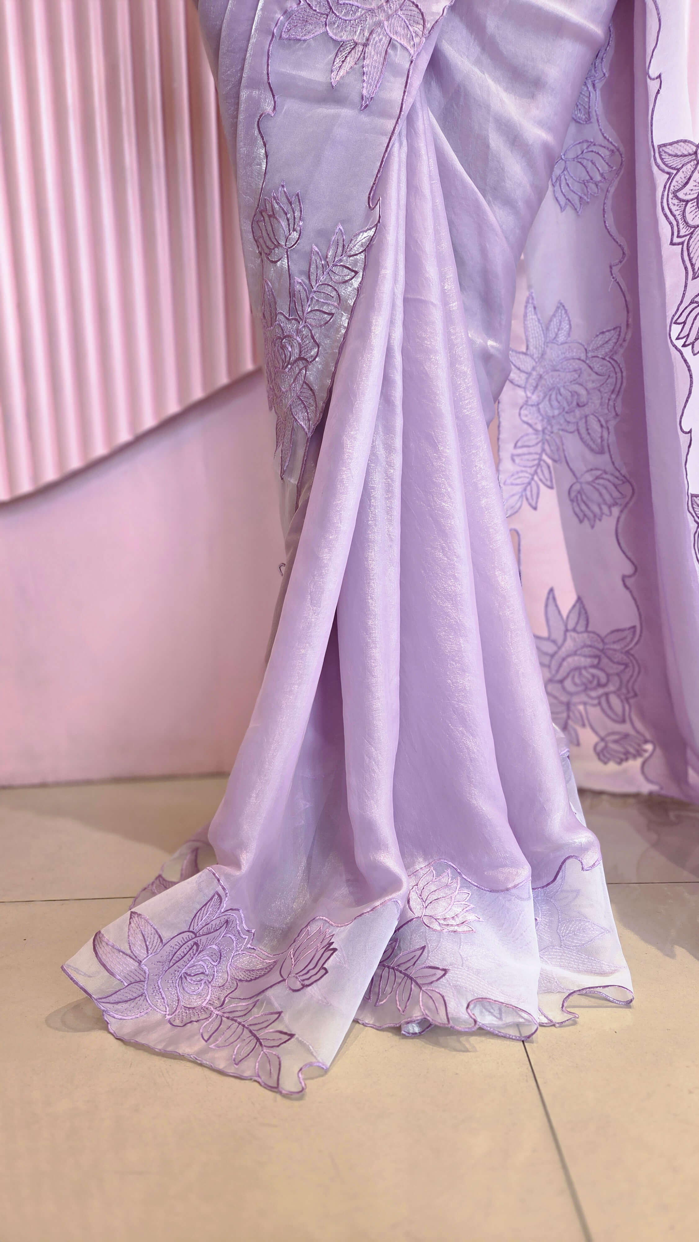 Lavender Bloom Floral Embroidery Satin Organza Saree