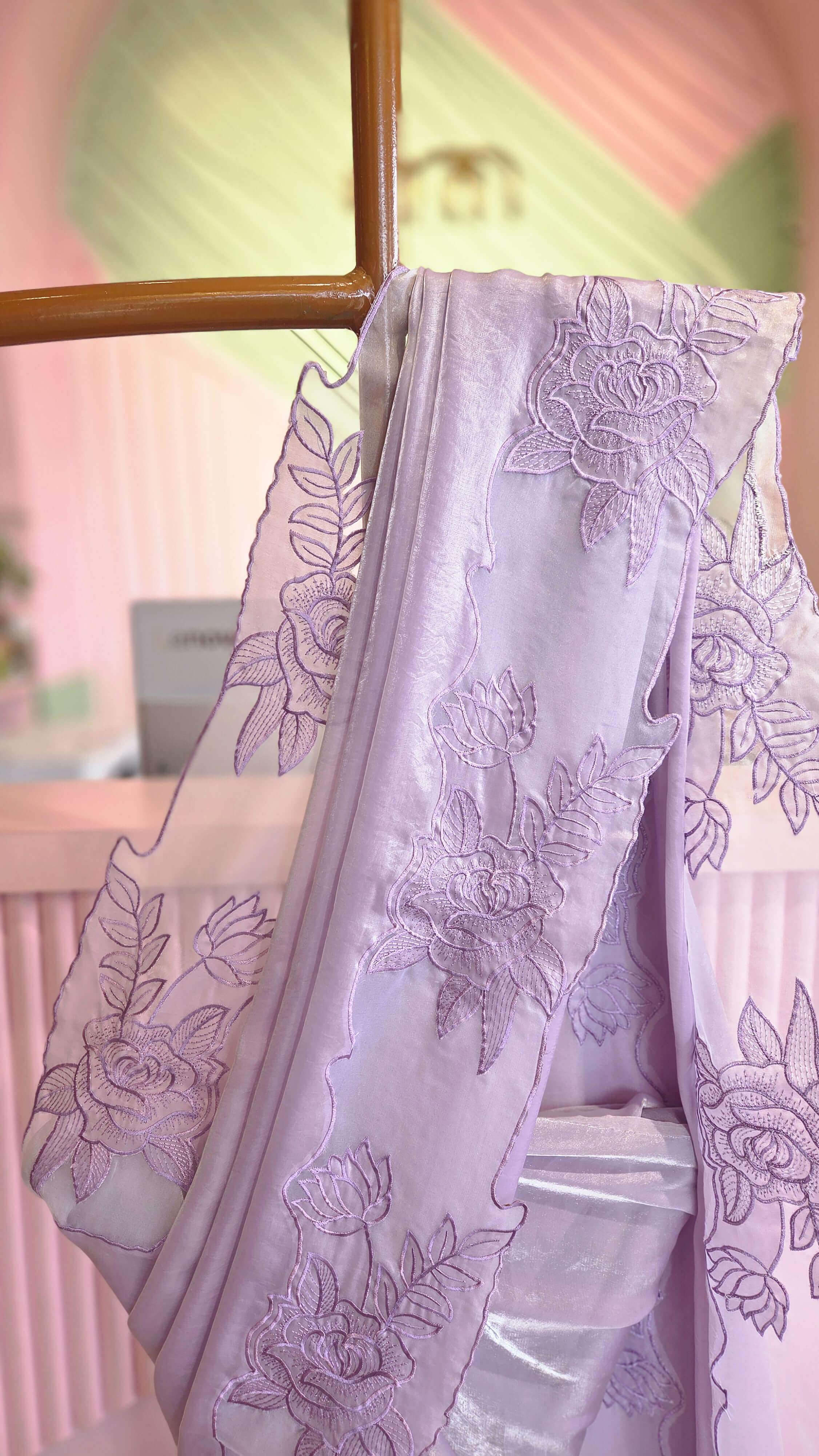 Lavender Bloom Floral Embroidery Satin Organza Saree