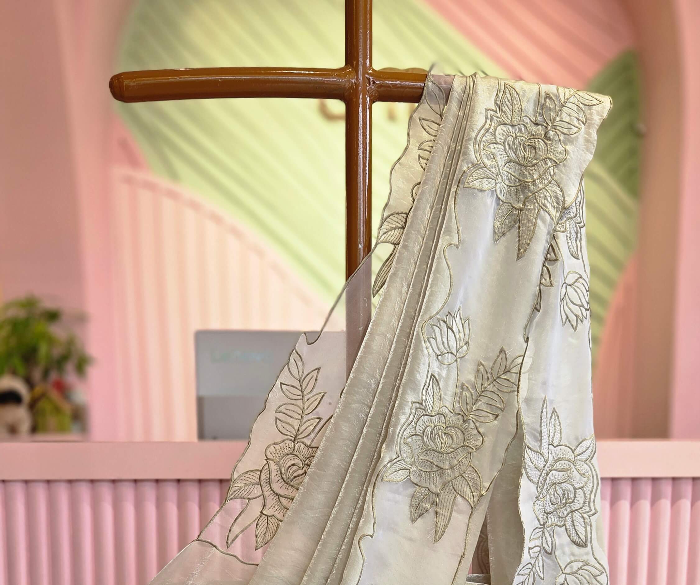 Pastel Green Meadow Satin Organza Saree