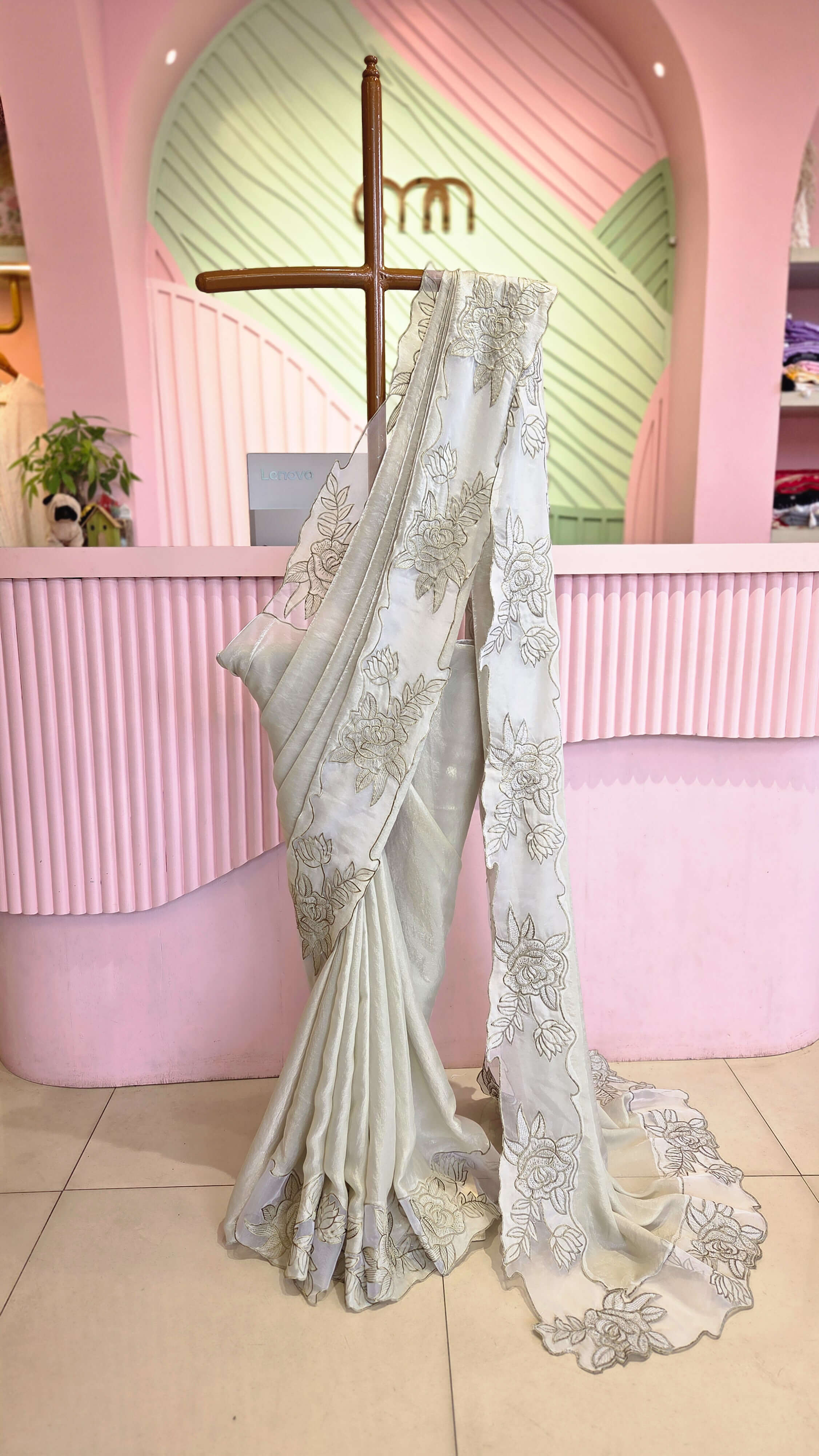 Pastel Green Meadow Satin Organza Saree