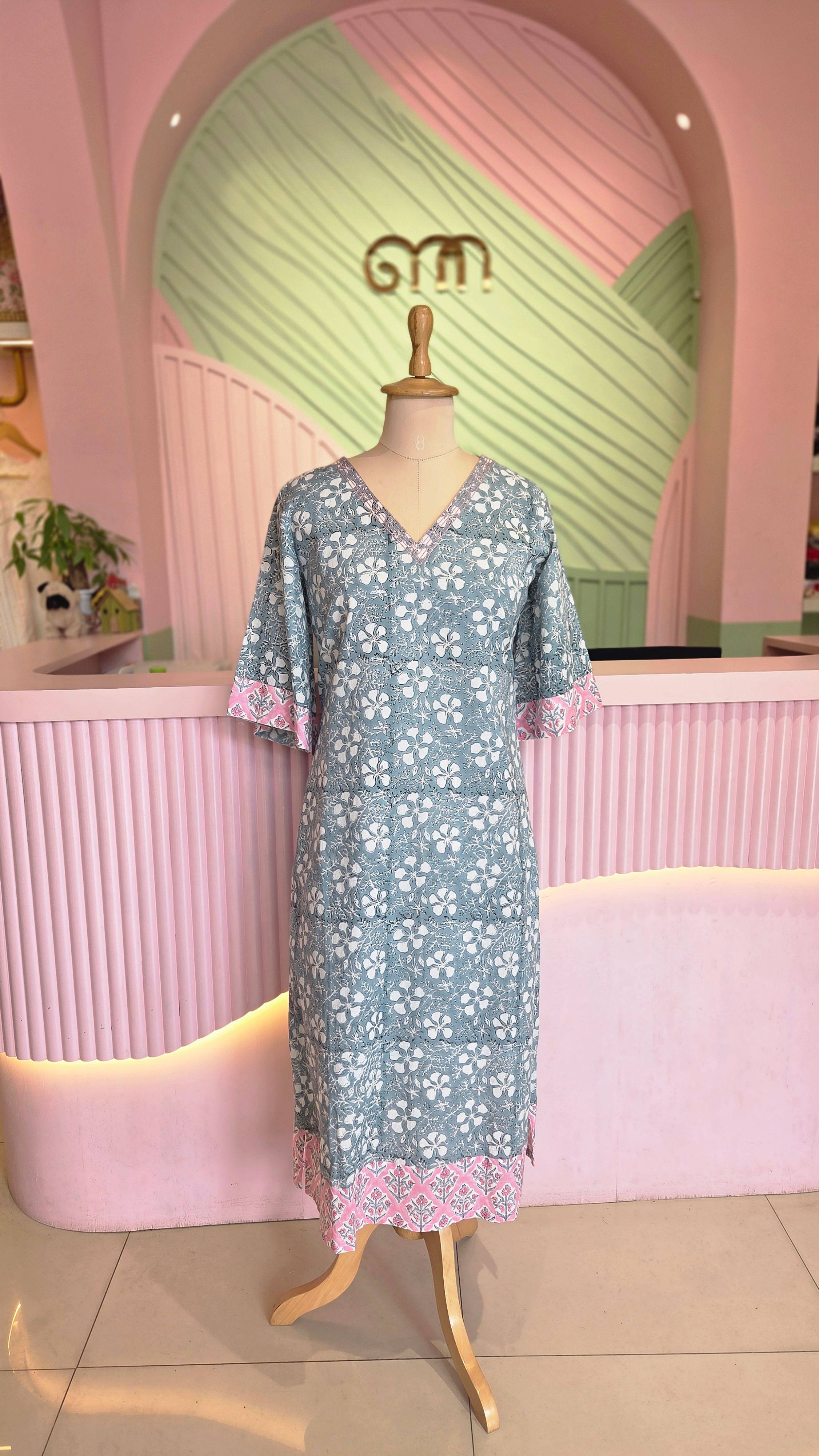 Grey Floral Block Print Cotton Dress