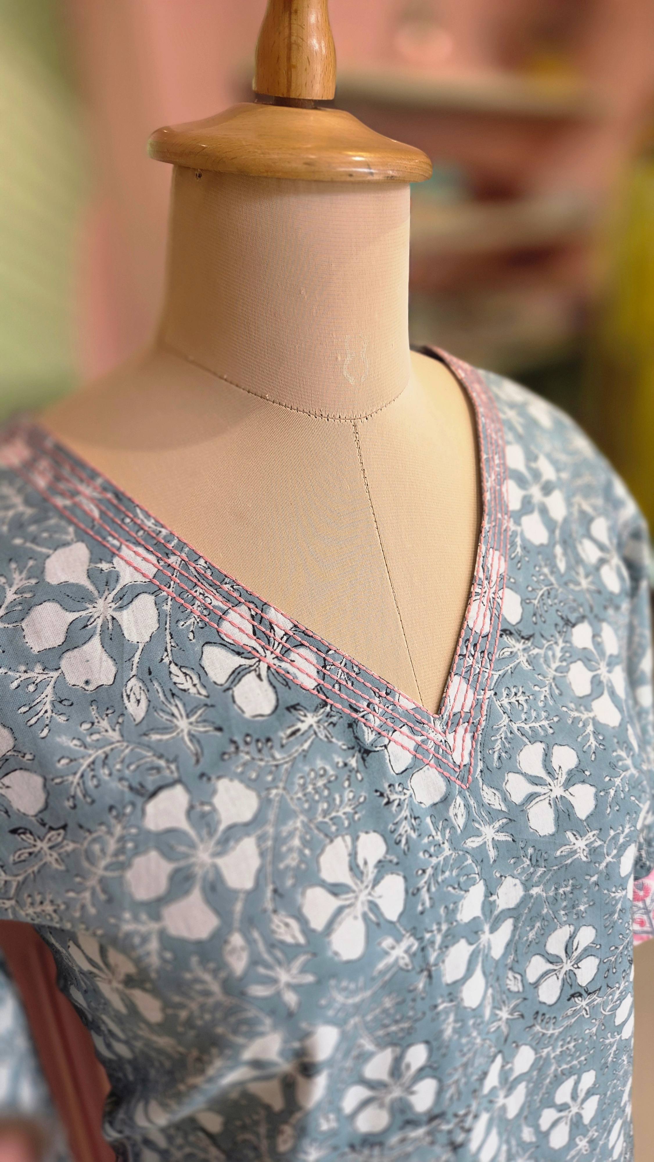 Grey Floral Block Print Cotton Dress