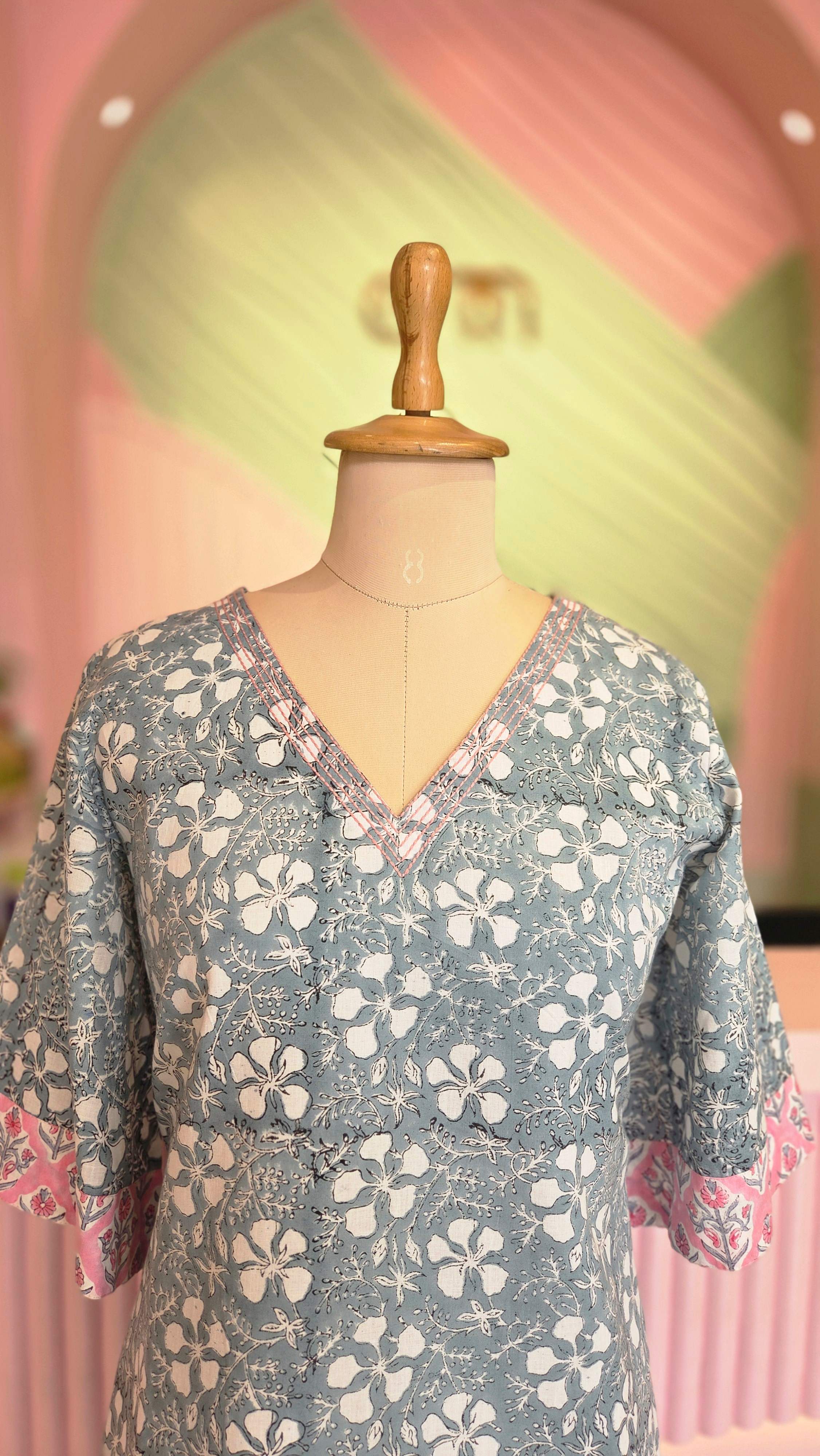 Grey Floral Block Print Cotton Dress