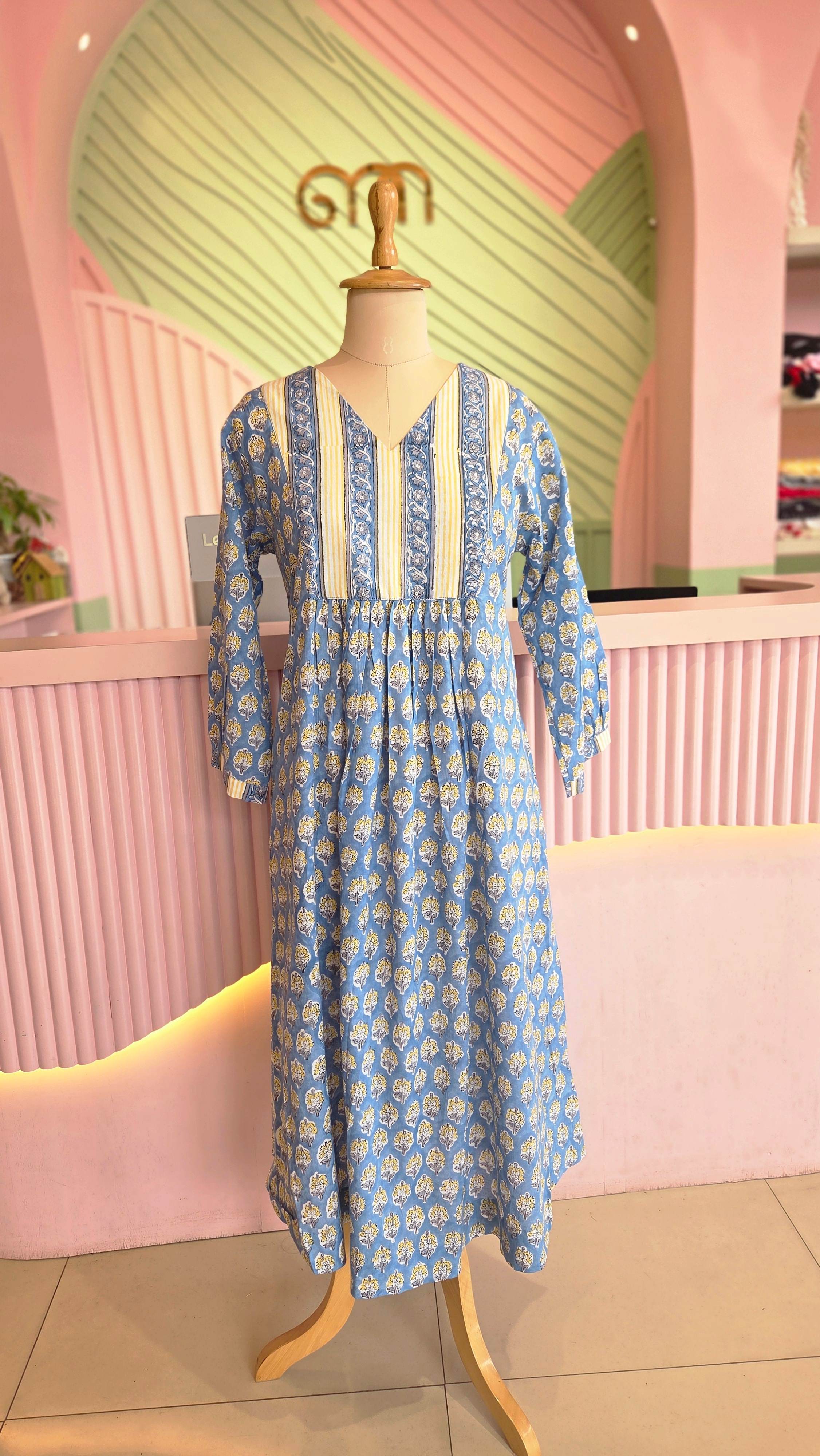 Floral Block Print Cotton Yoke Style Midi Dress