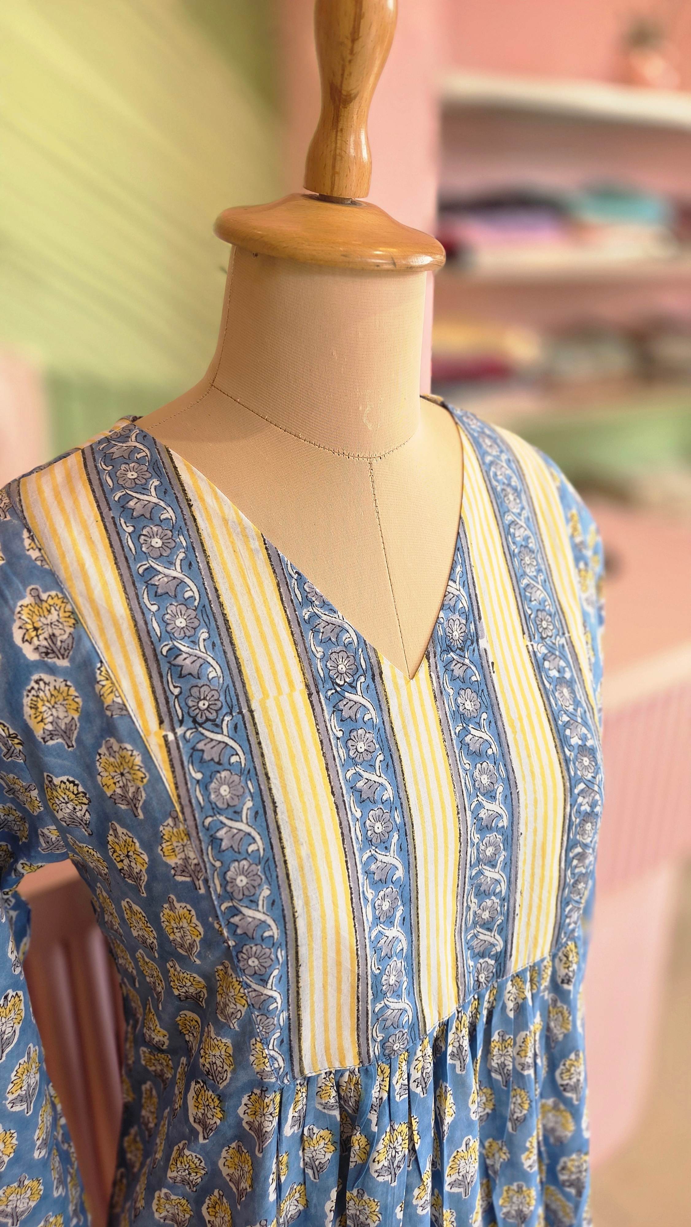 Floral Block Print Cotton Yoke Style Midi Dress