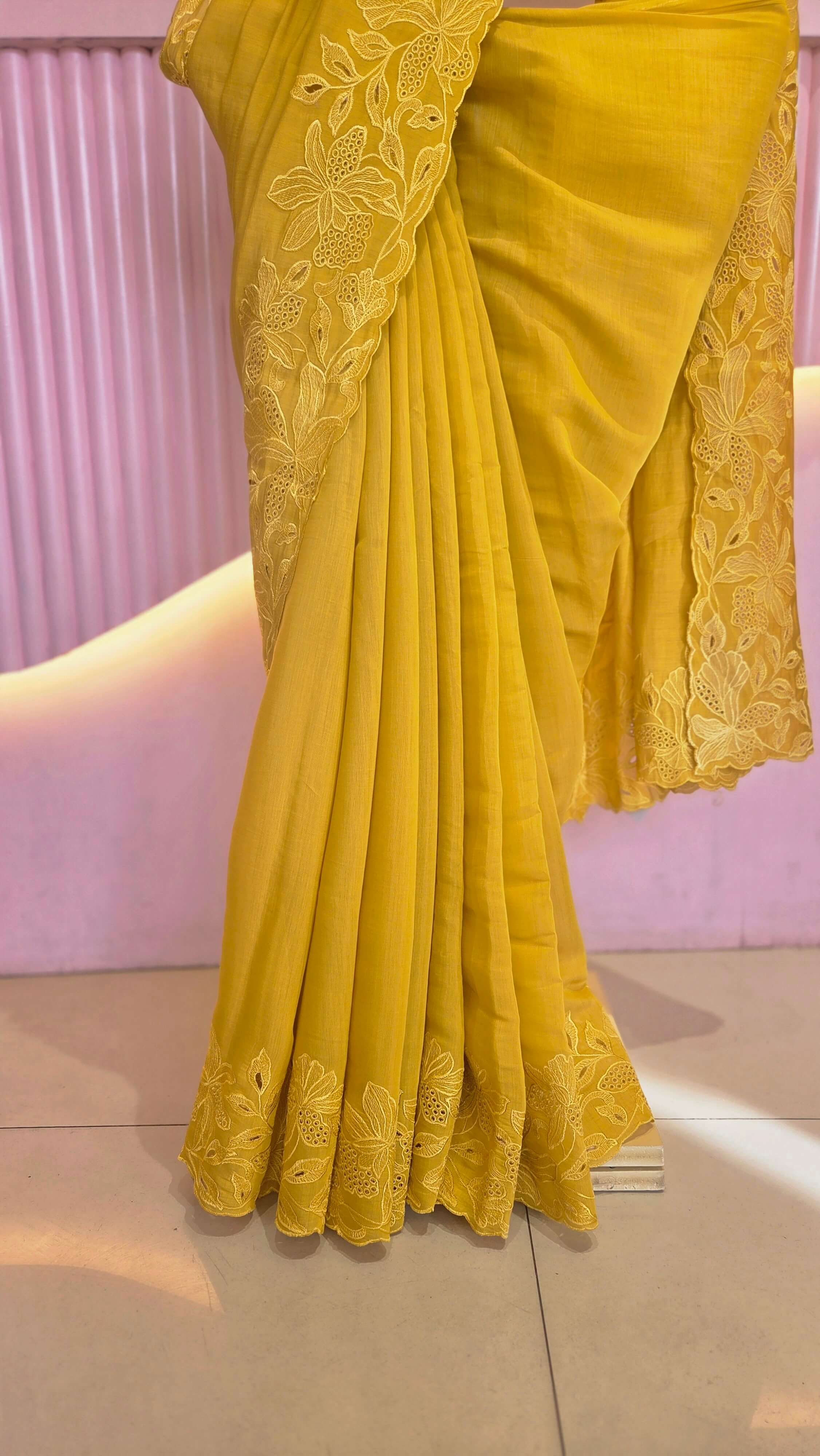 Elegance in Bloom – Mustard Yellow Chanderi Saree