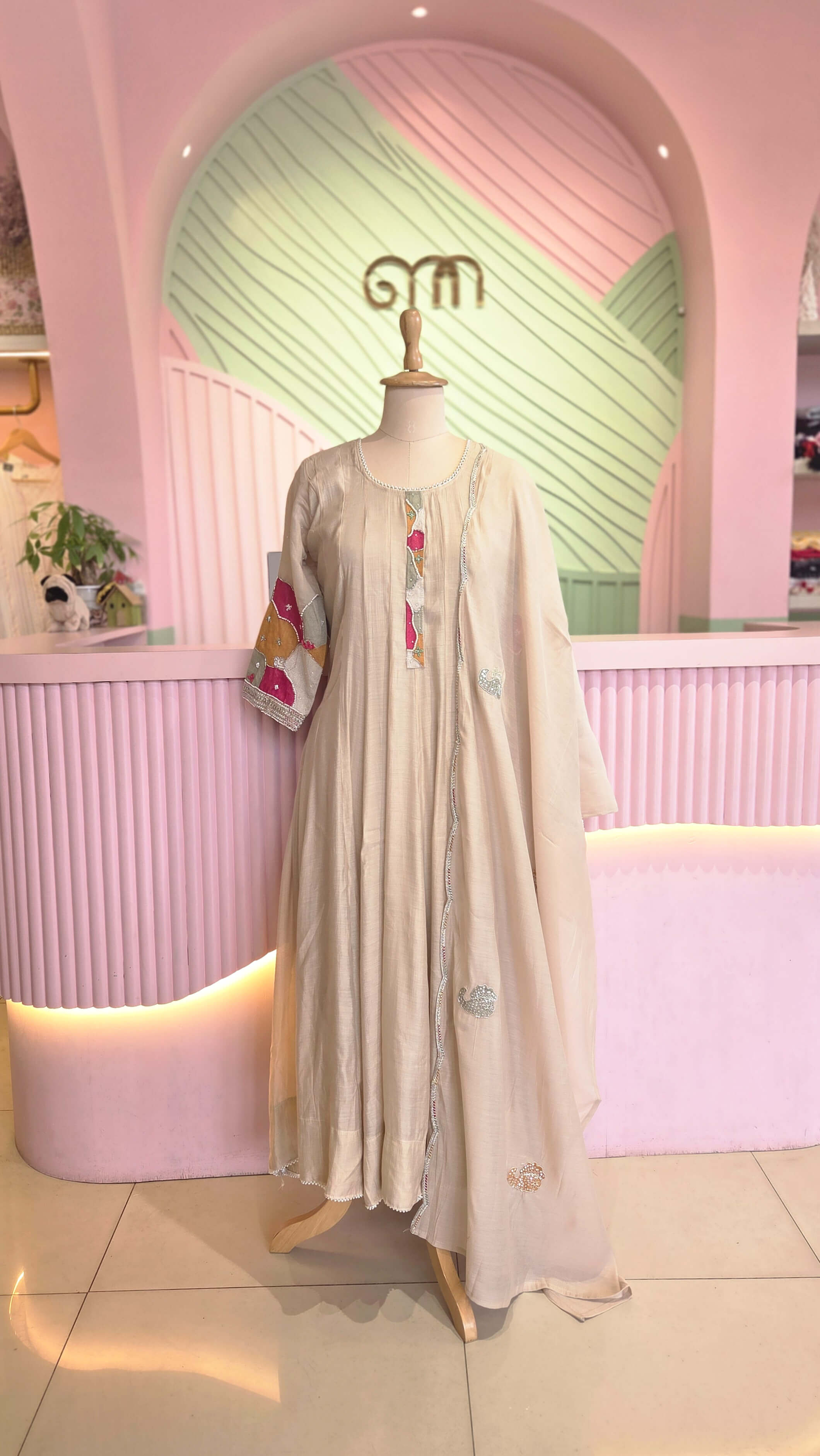 Elegant Beige Chanderi Anarkali Suit Set