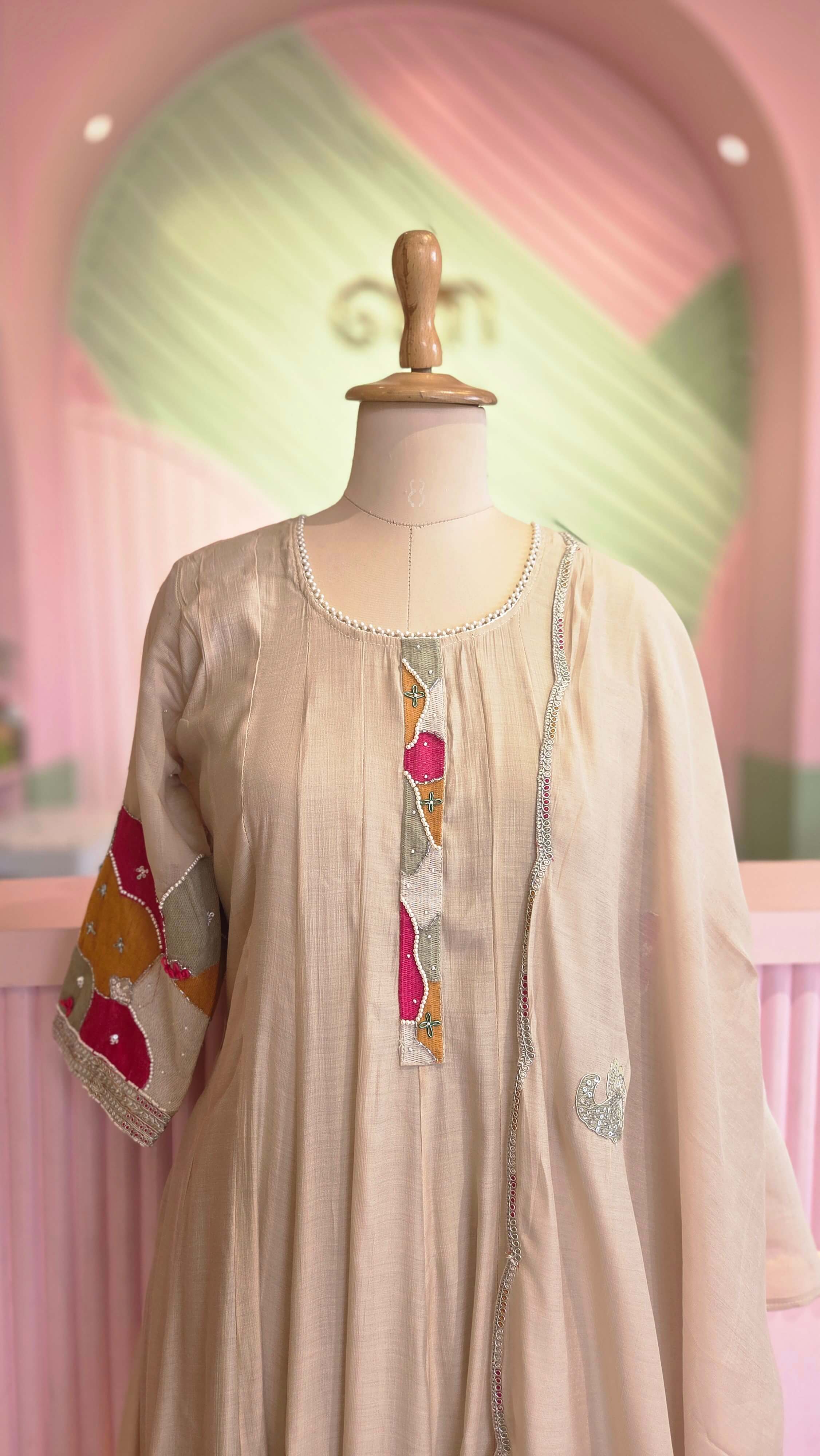 Elegant Beige Chanderi Anarkali Suit Set