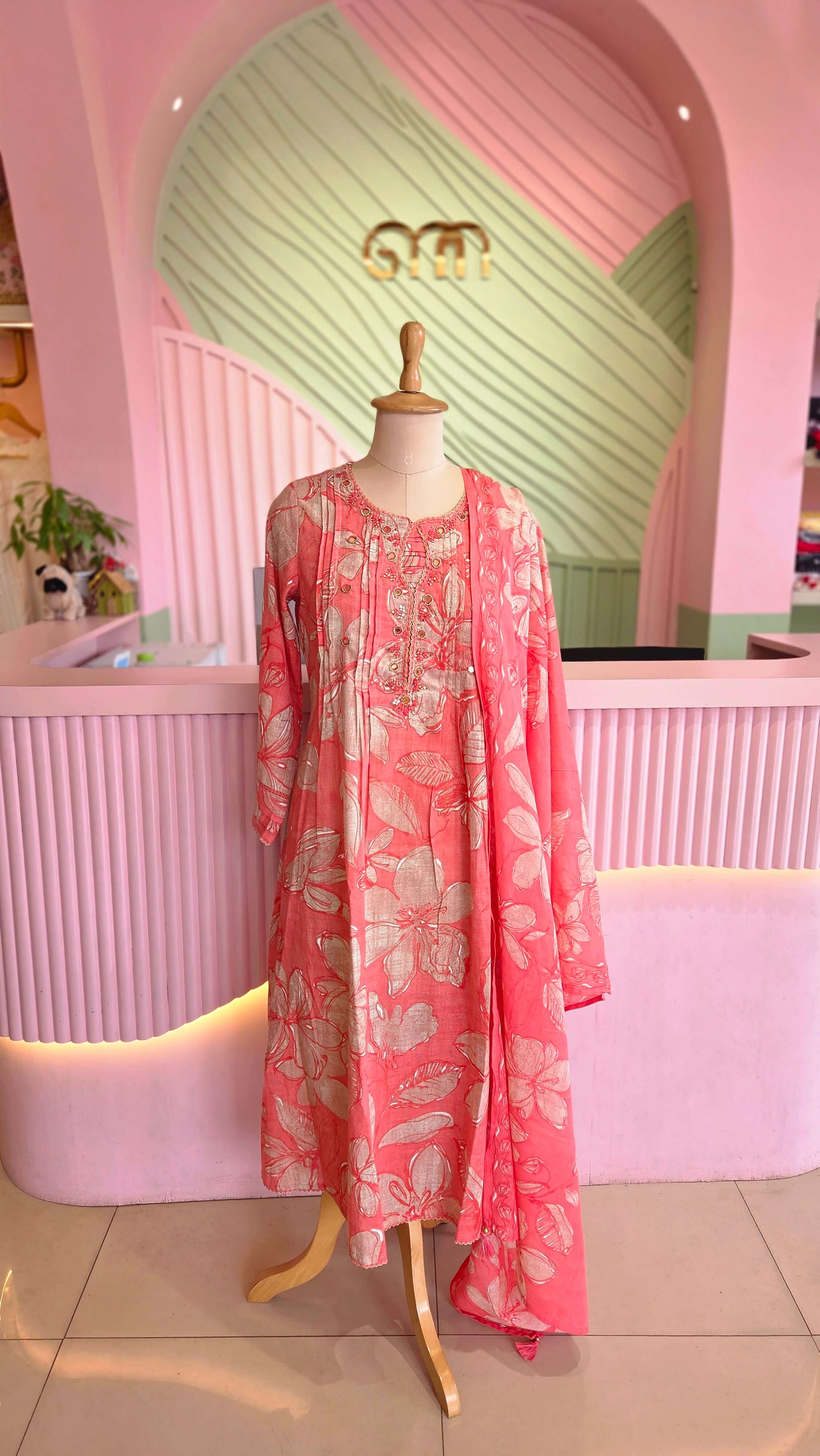 Coral Peach Floral Printed Cotton Salwar Set
