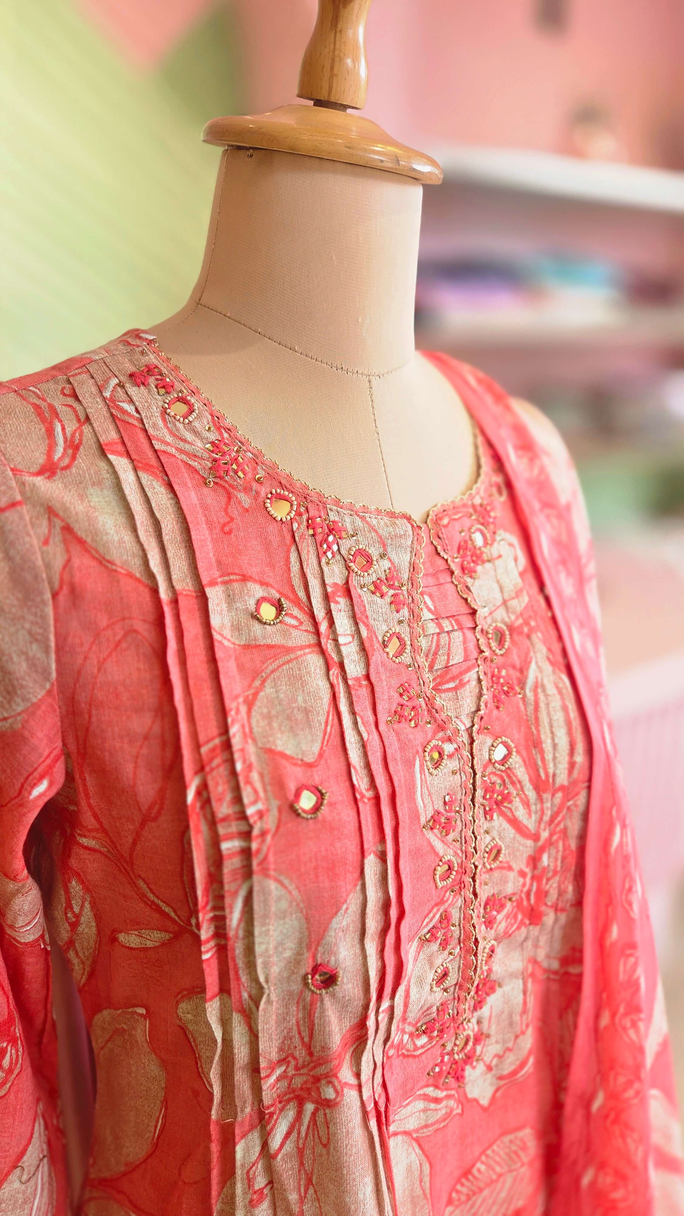Coral Peach Floral Printed Cotton Salwar Set