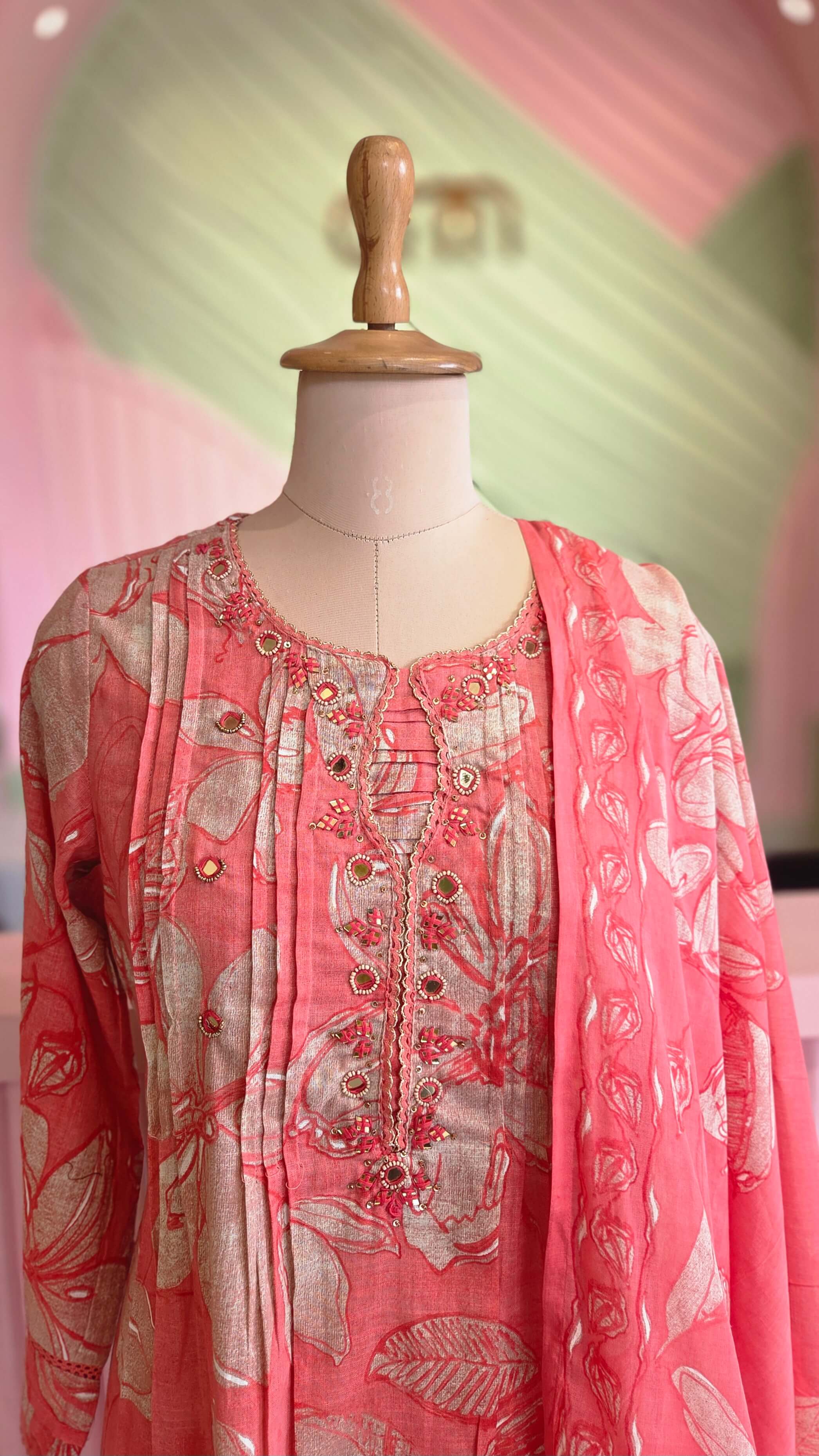Coral Peach Floral Printed Cotton Salwar Set