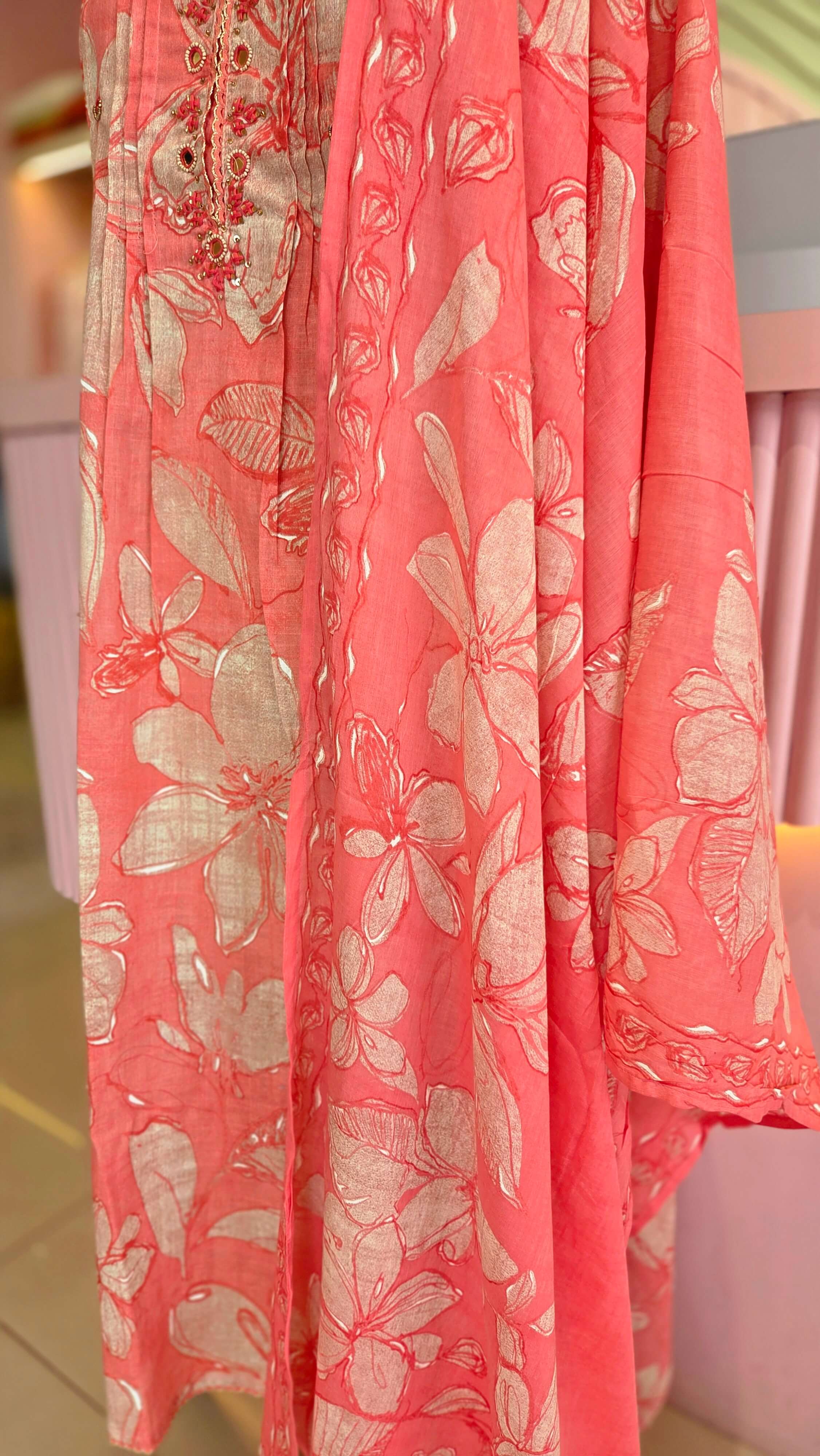 Coral Peach Floral Printed Cotton Salwar Set