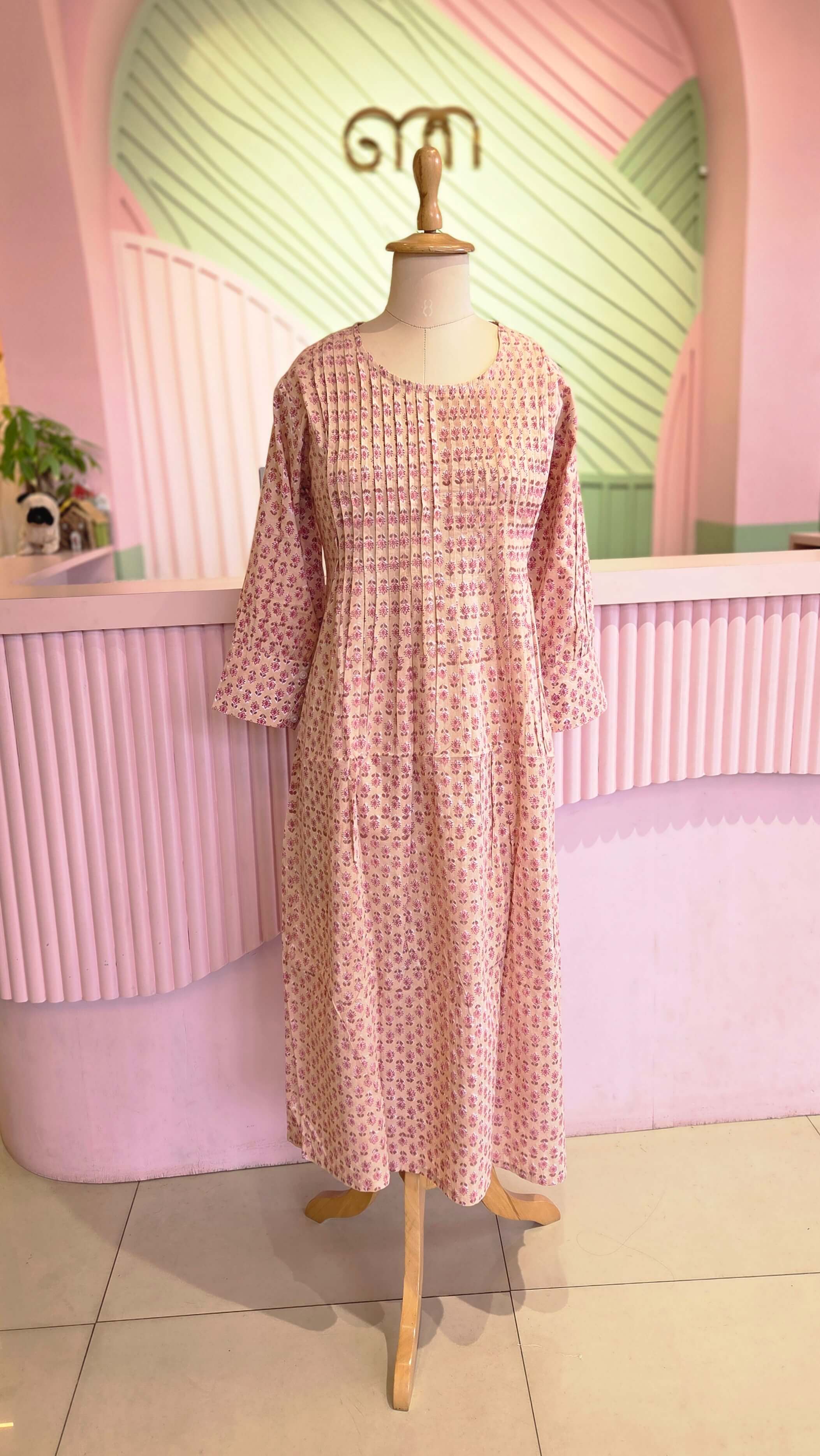 Dusty Pink Block Printed Cotton A-Line Midi Dress