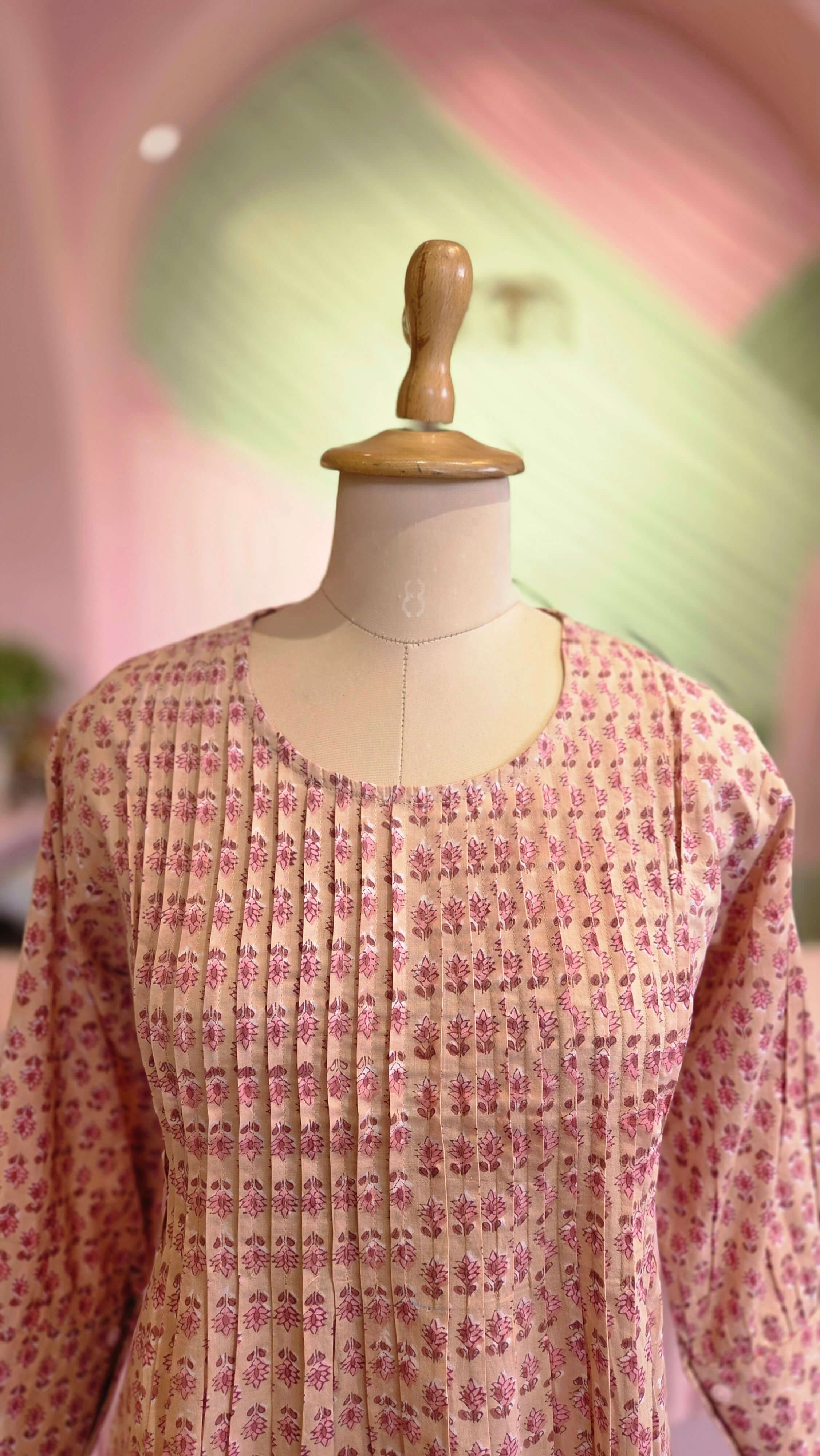 Dusty Pink Block Printed Cotton A-Line Midi Dress