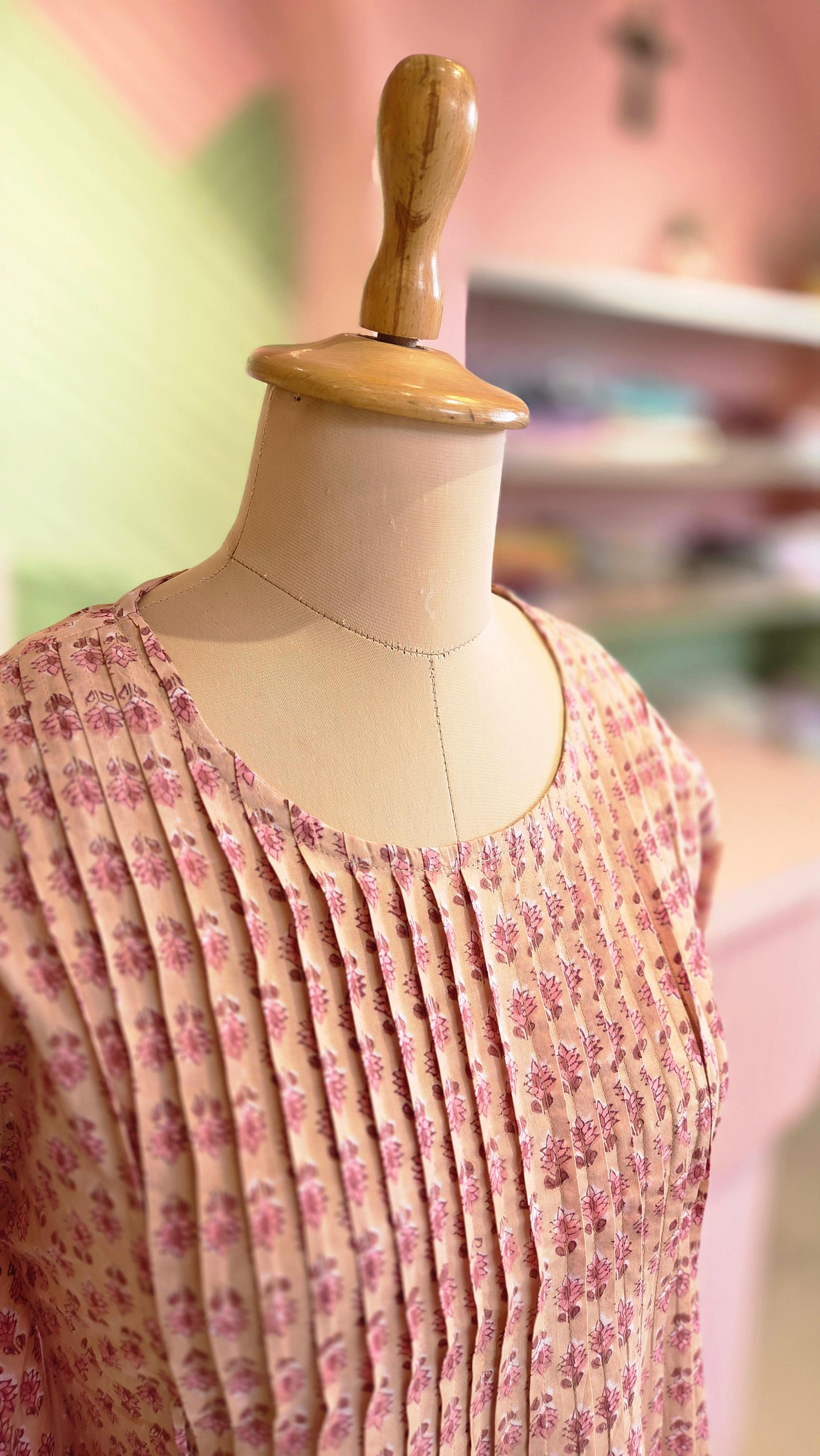 Dusty Pink Block Printed Cotton A-Line Midi Dress
