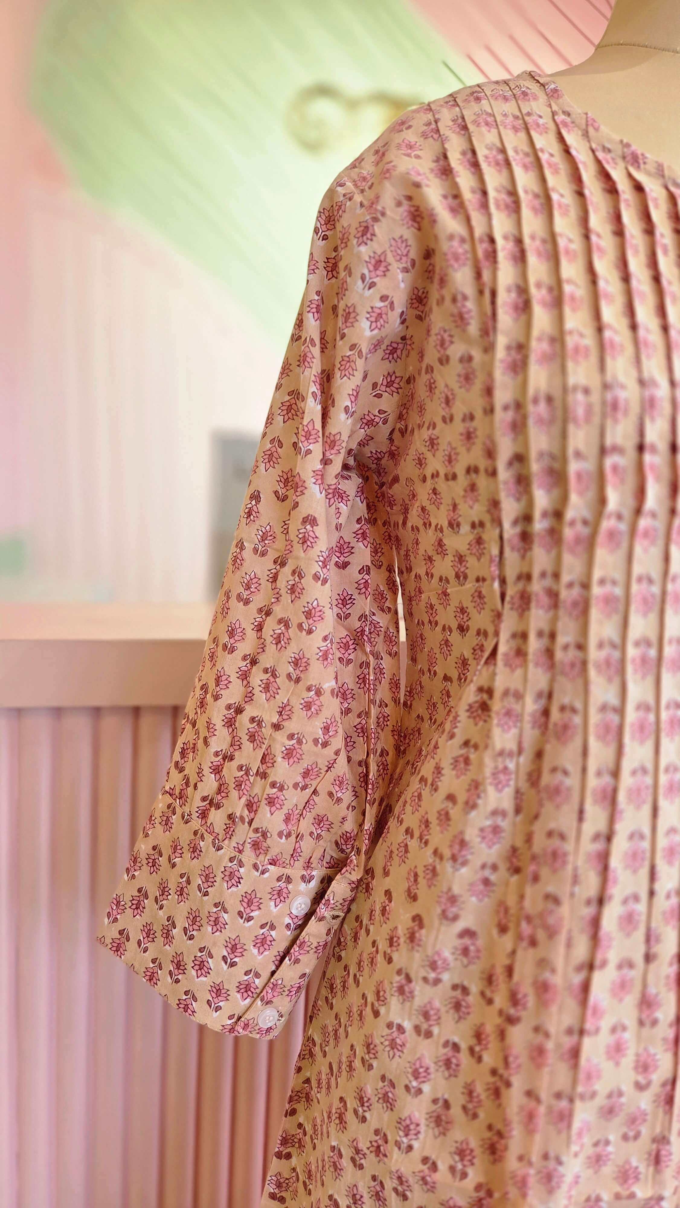 Dusty Pink Block Printed Cotton A-Line Midi Dress