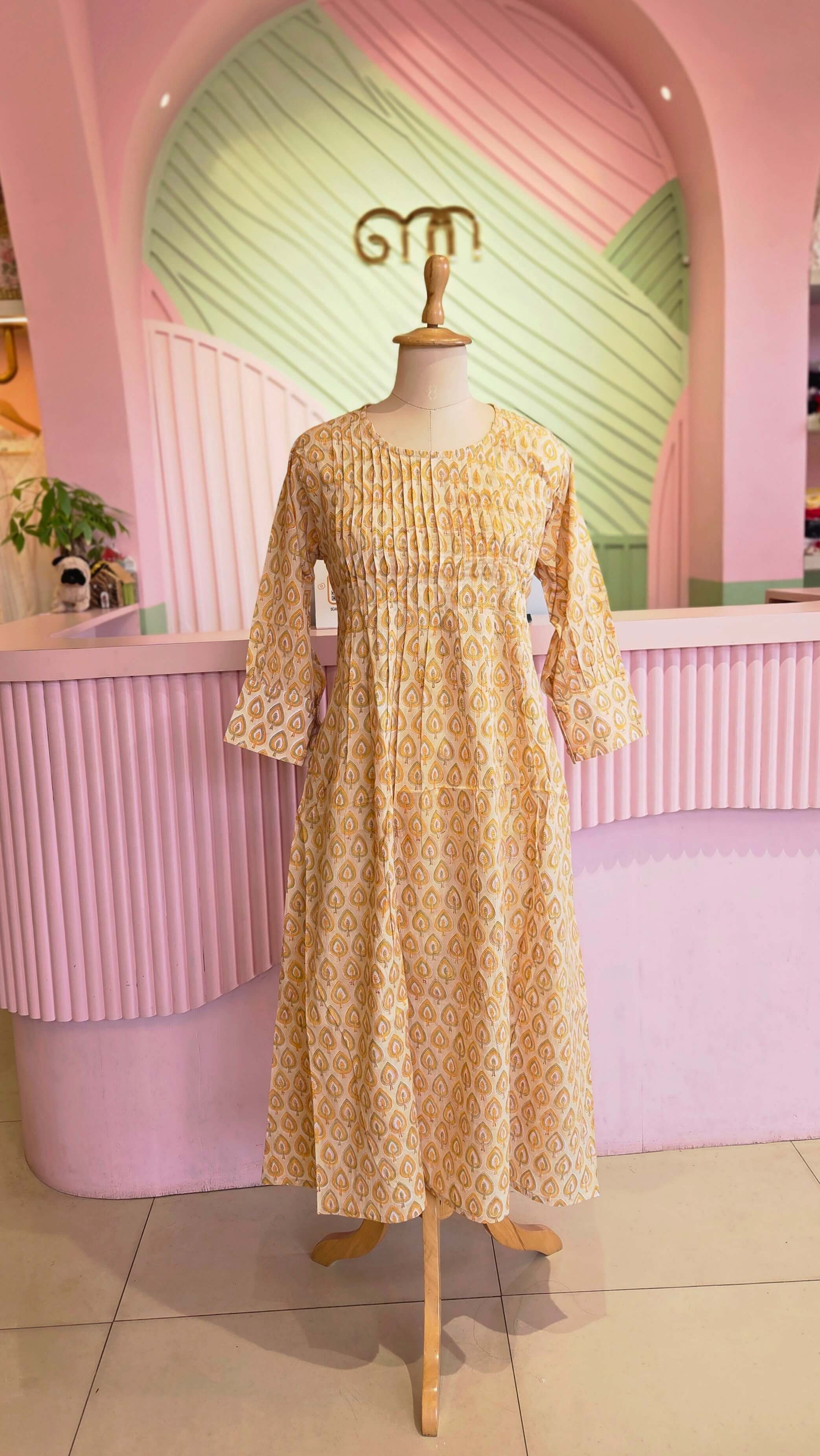 Mustard Yellow Block Printed Cotton A-Line Midi Dress
