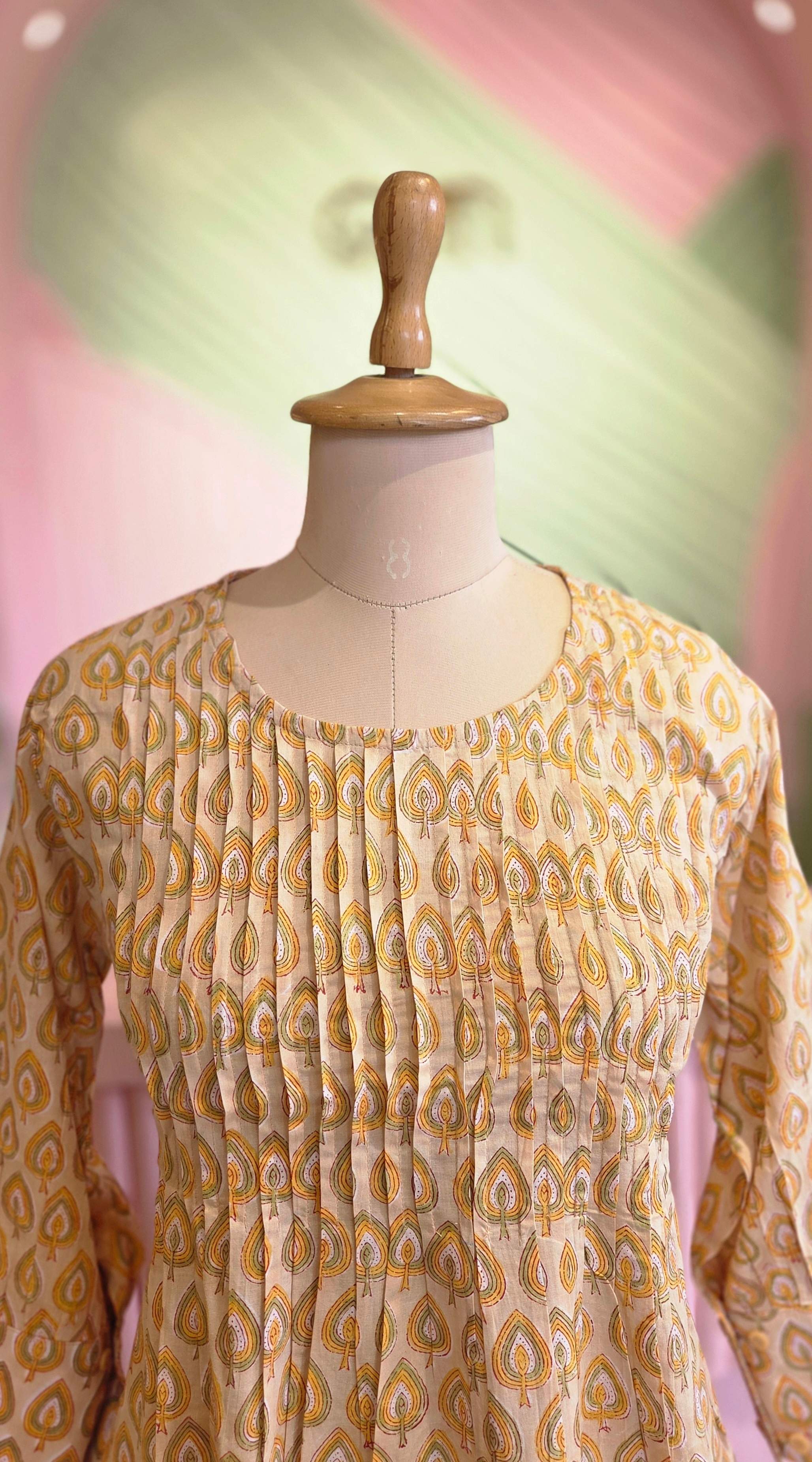 Mustard Yellow Block Printed Cotton A-Line Midi Dress
