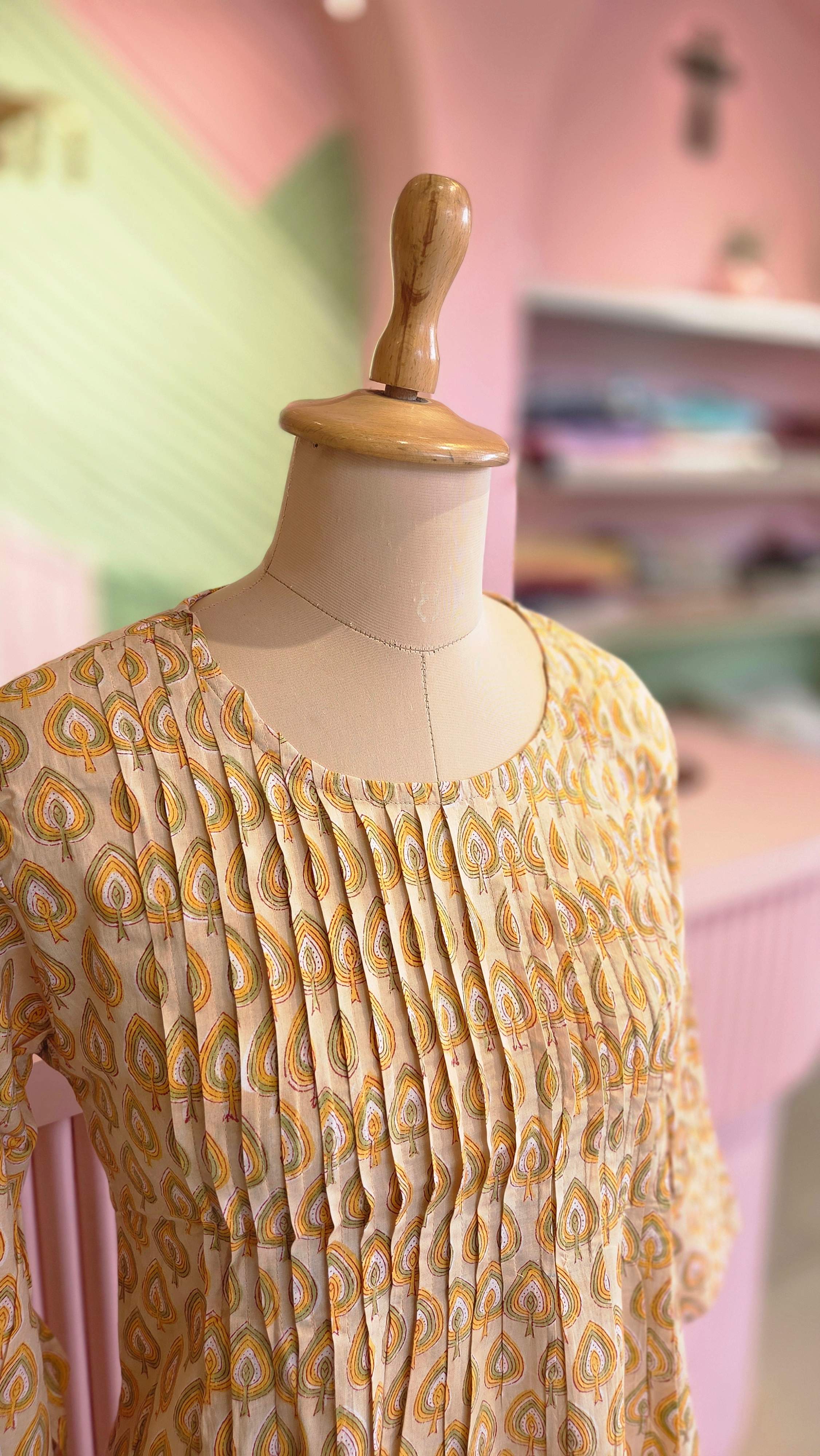 Mustard Yellow Block Printed Cotton A-Line Midi Dress