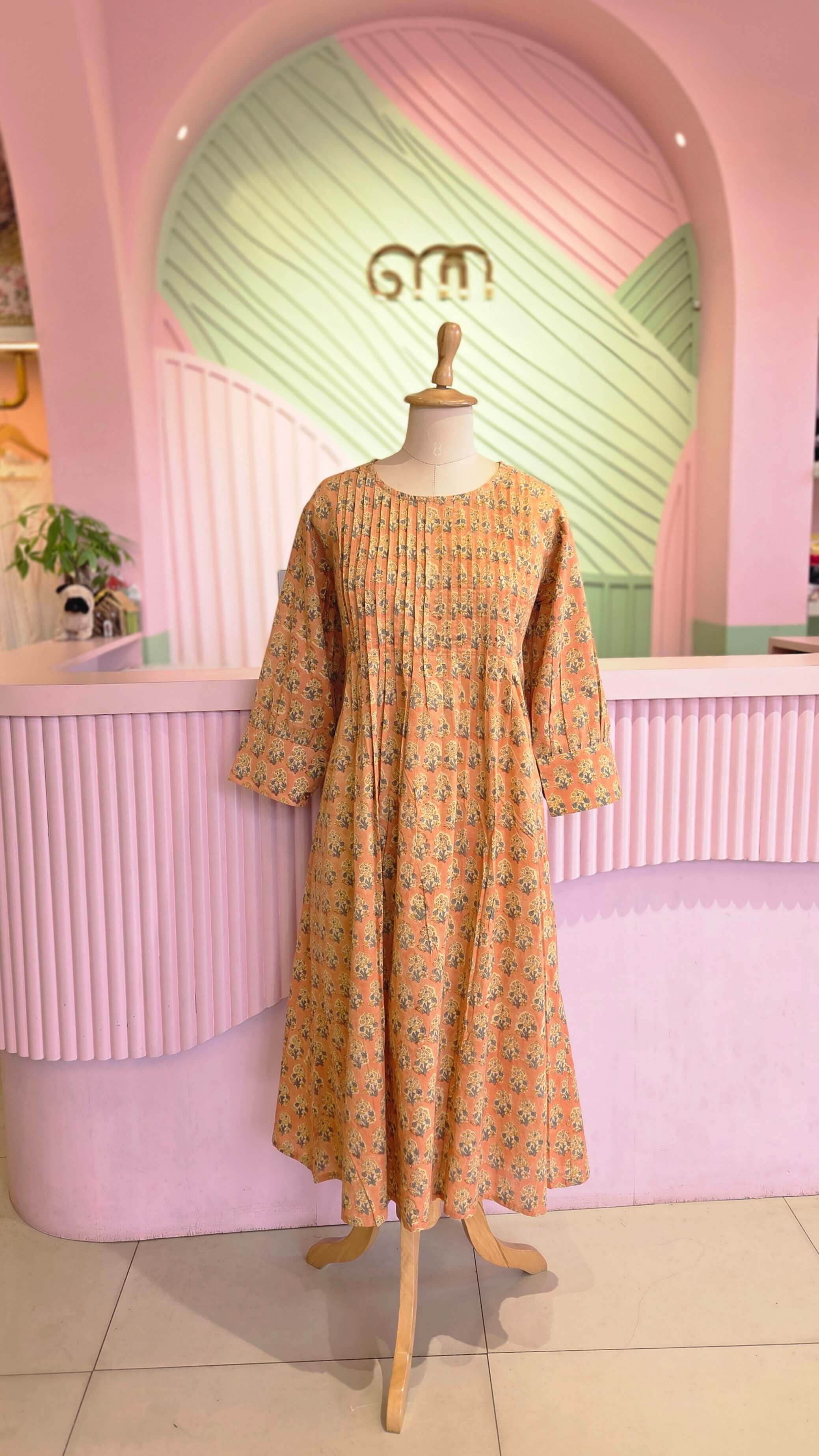 Peach Block Printed Cotton A-Line Midi Dress