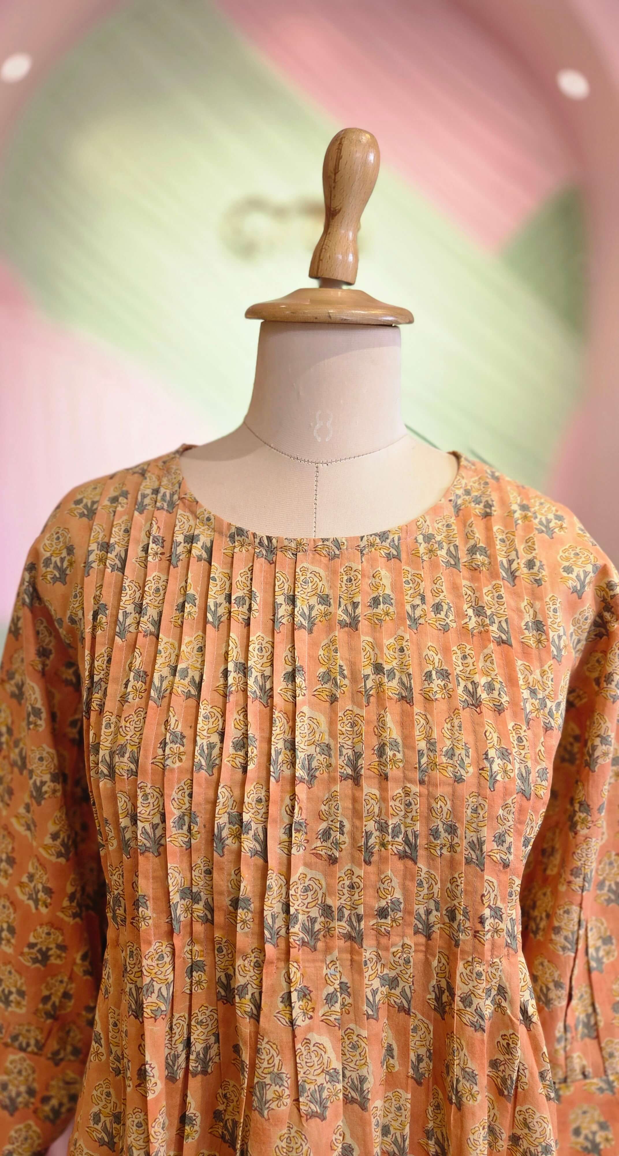 Peach Block Printed Cotton A-Line Midi Dress