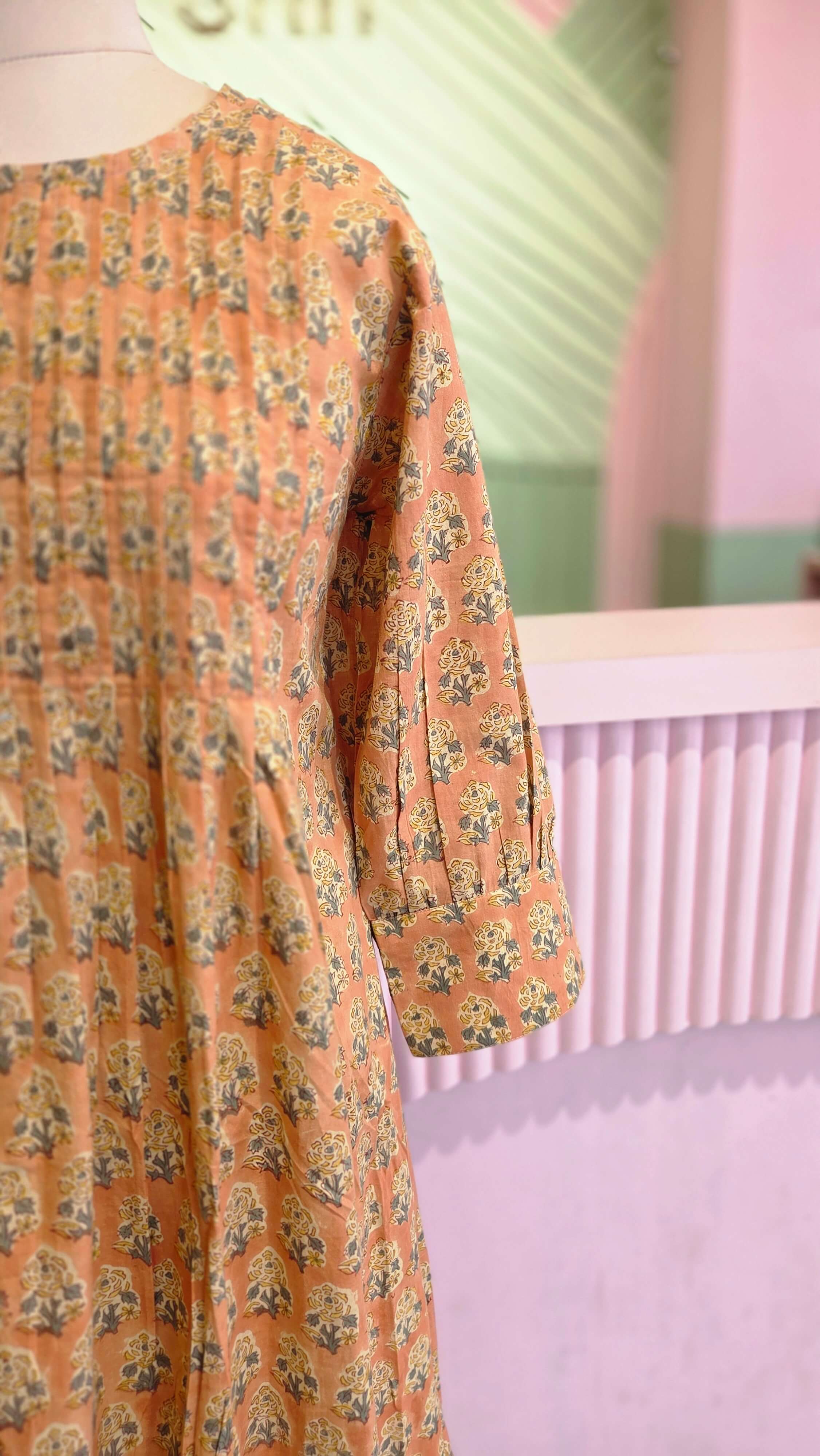 Peach Block Printed Cotton A-Line Midi Dress