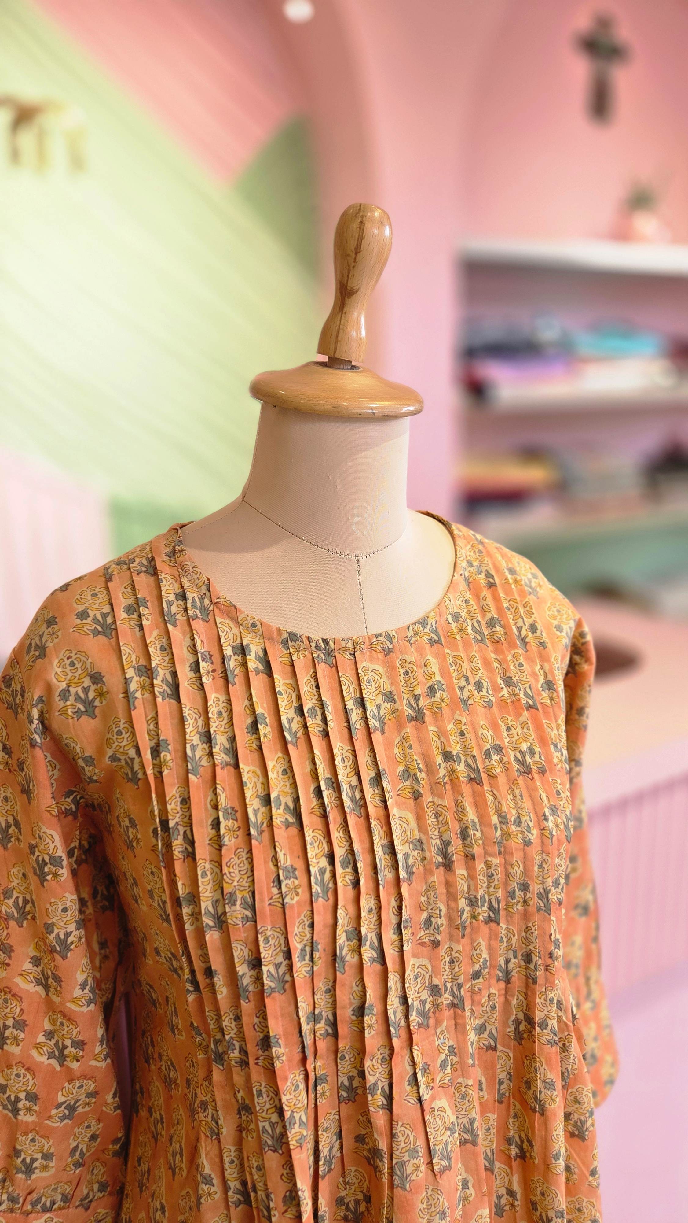 Peach Block Printed Cotton A-Line Midi Dress