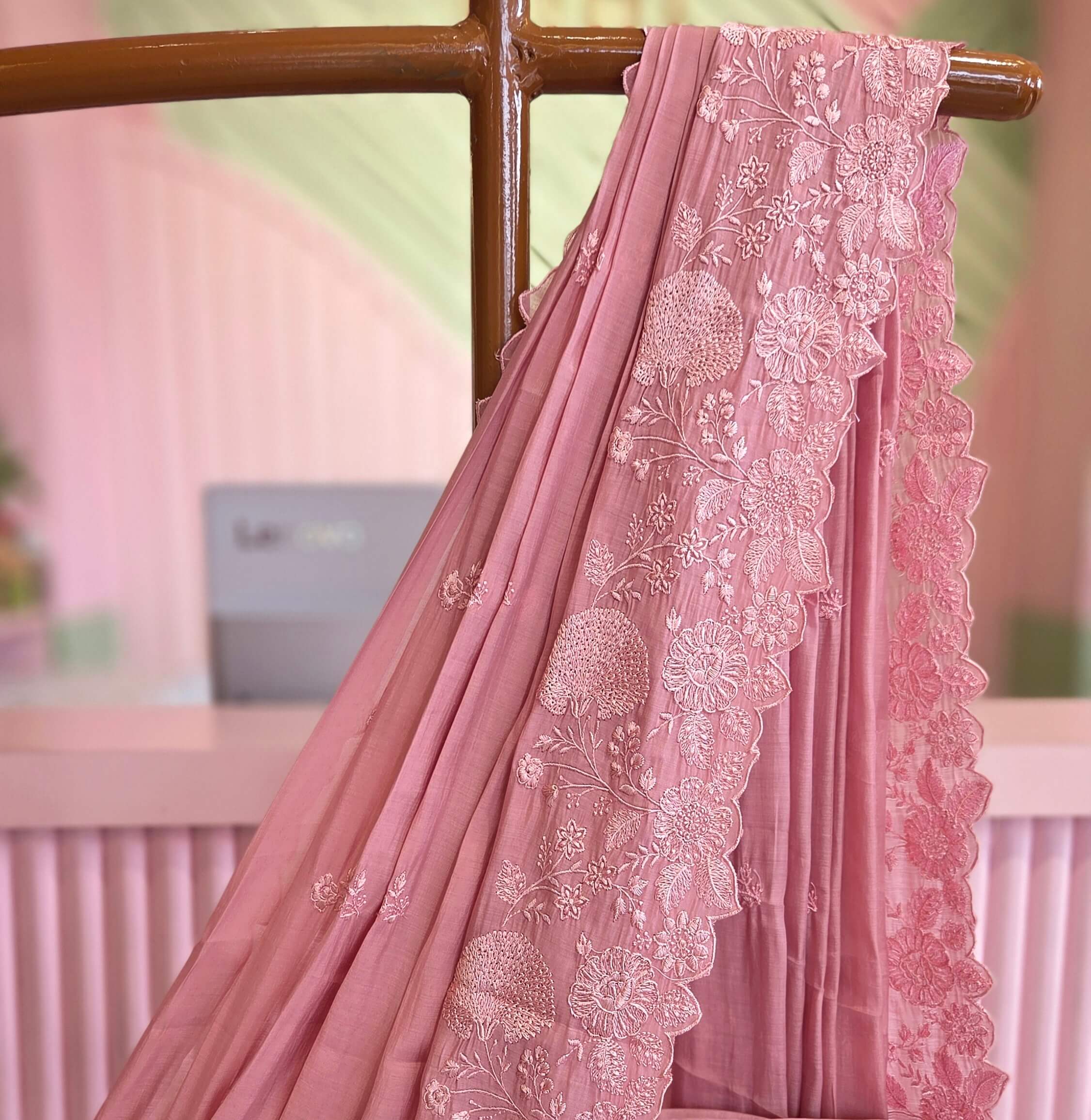 Blush Pink Mul Chanderi Embroidered Saree