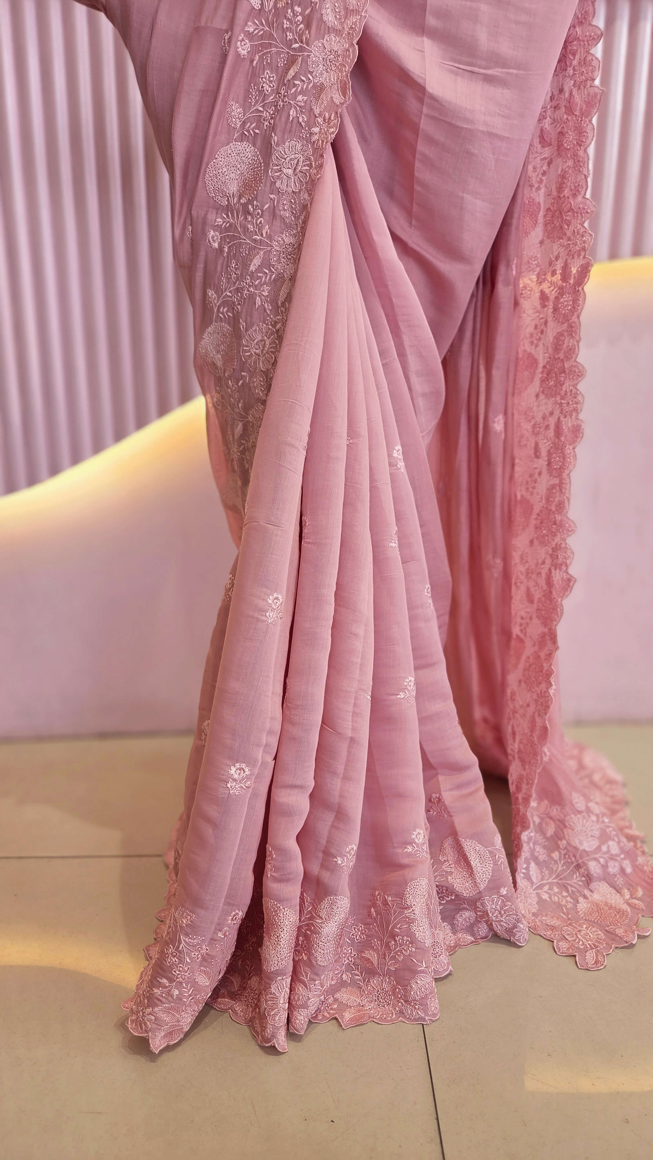 Blush Pink Mul Chanderi Embroidered Saree