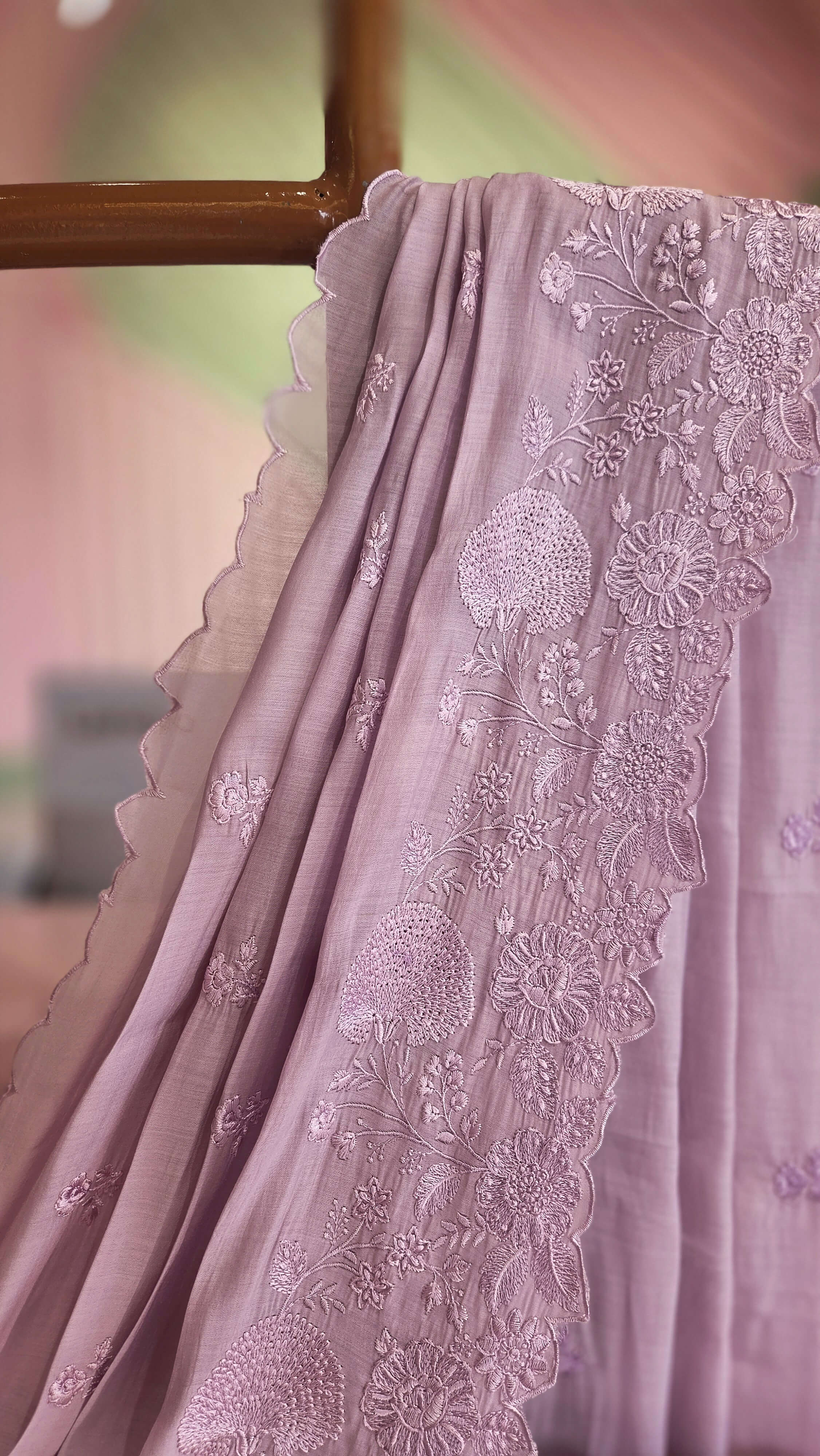 Lavender Mul Chanderi Embroidered Saree
