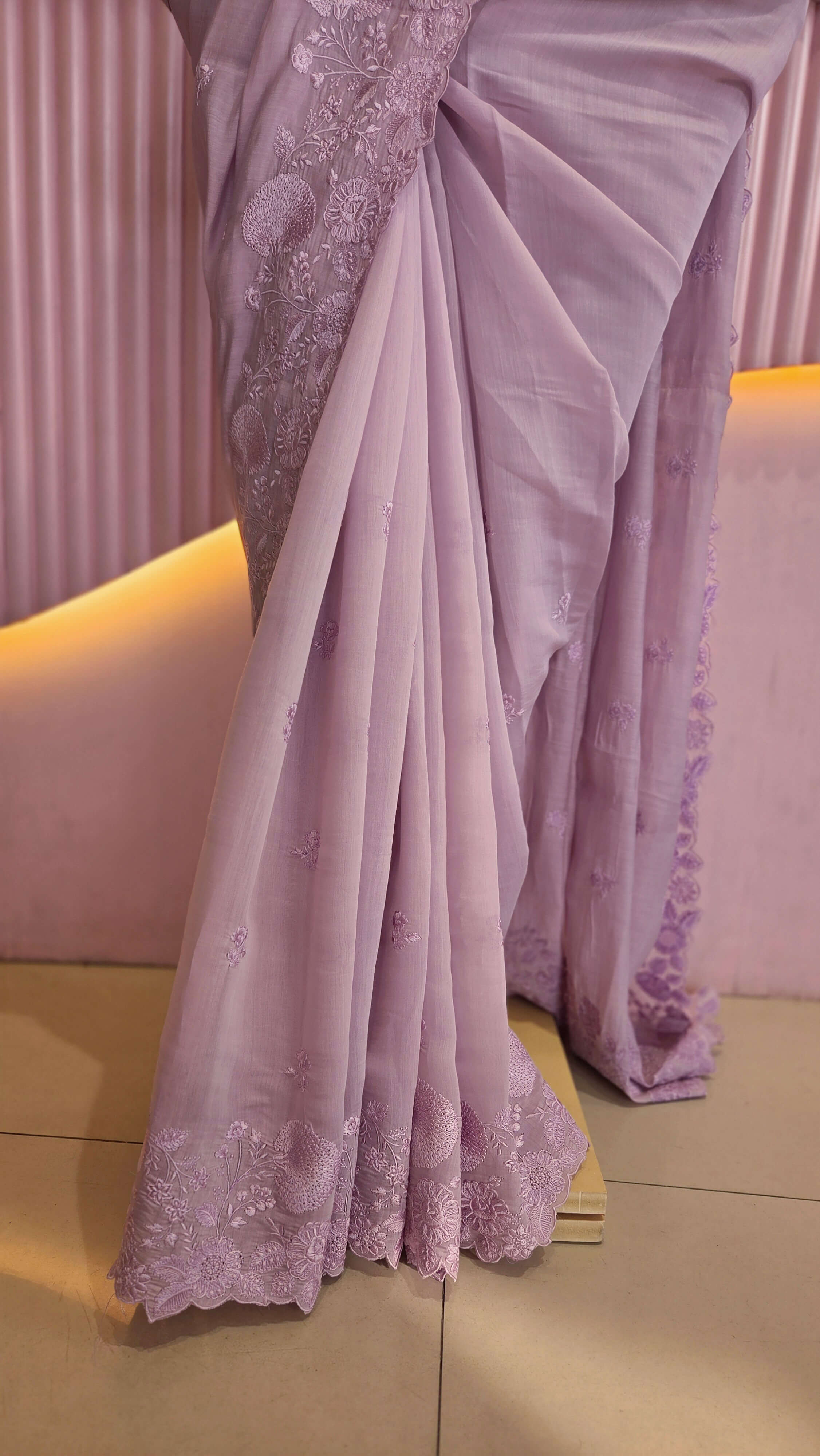 Lavender Mul Chanderi Embroidered Saree